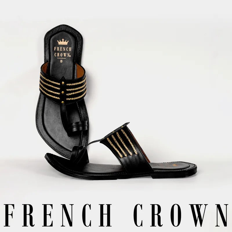Jade Black with Golden Stitched Vegan Leather Kolhapuri Sandal sold by French Crown