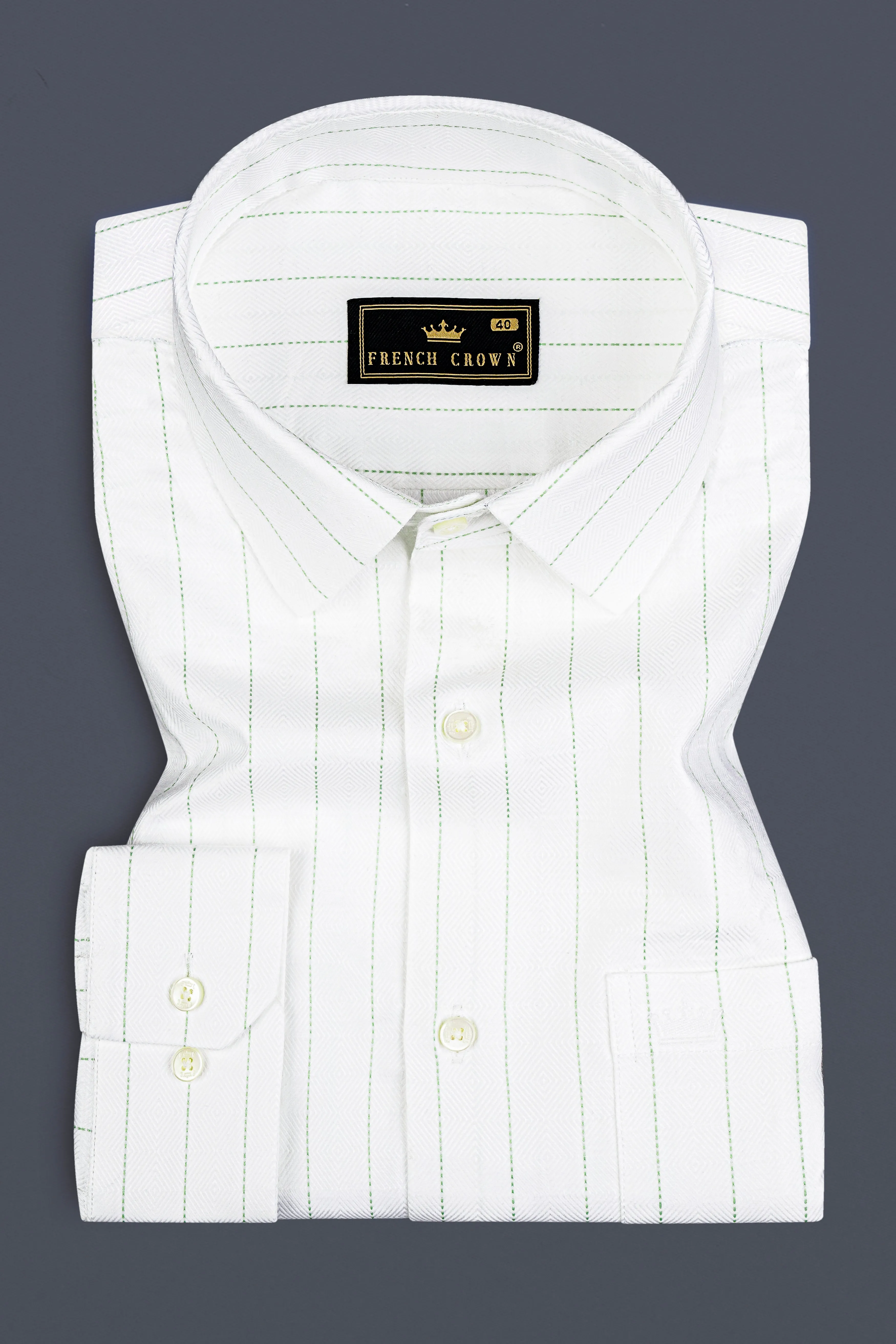 Bright white With Green Striped Dobby Textured Premium Cotton Shirt sold by French Crown product image thumbnail 3