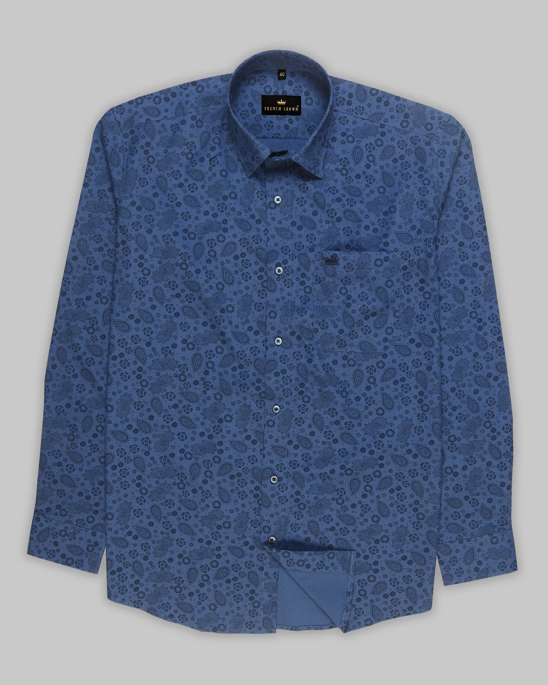 Cobalt Blue Paisleys Printed Premium Cotton Shirt sold by French Crown product image thumbnail 5