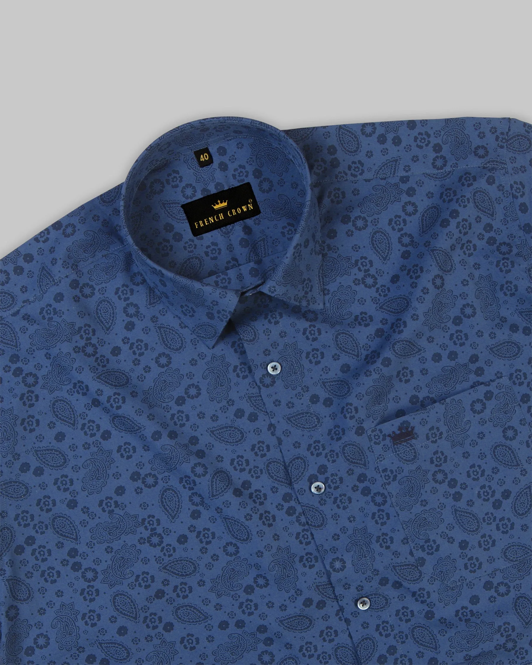 Cobalt Blue Paisleys Printed Premium Cotton Shirt sold by French Crown product image thumbnail 4