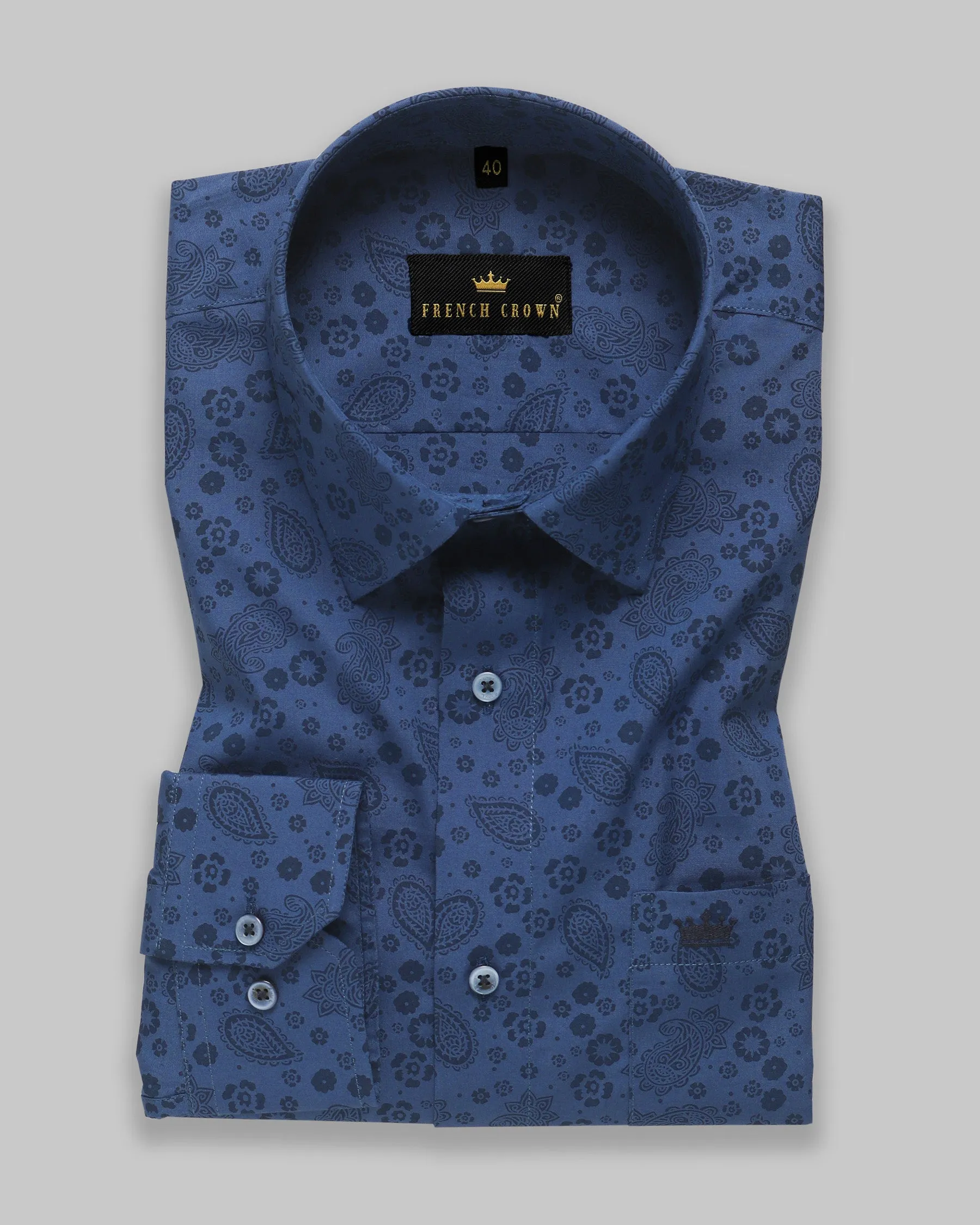 Cobalt Blue Paisleys Printed Premium Cotton Shirt sold by French Crown product image thumbnail 3