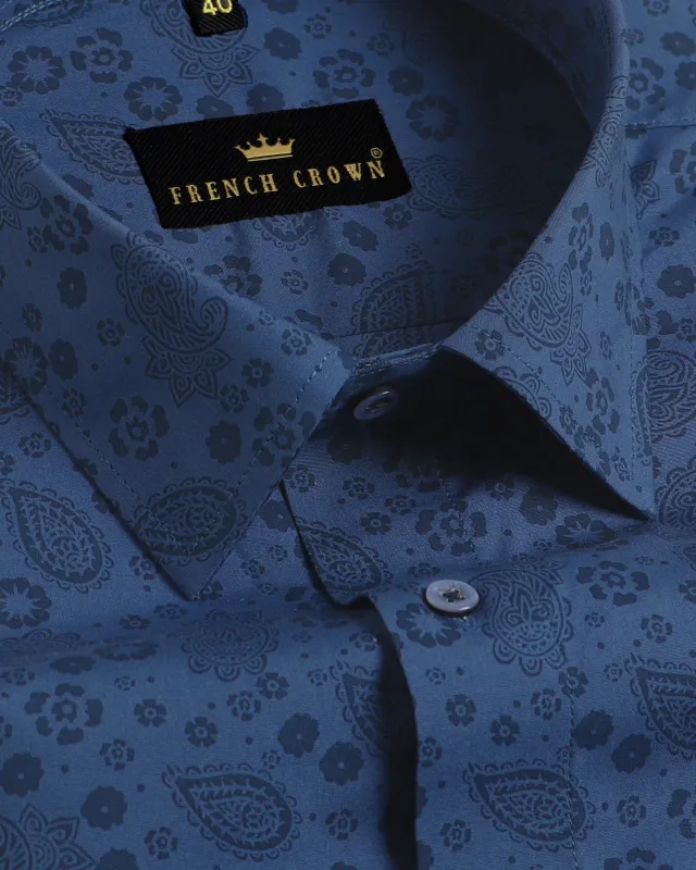 Cobalt Blue Paisleys Printed Premium Cotton Shirt sold by French Crown