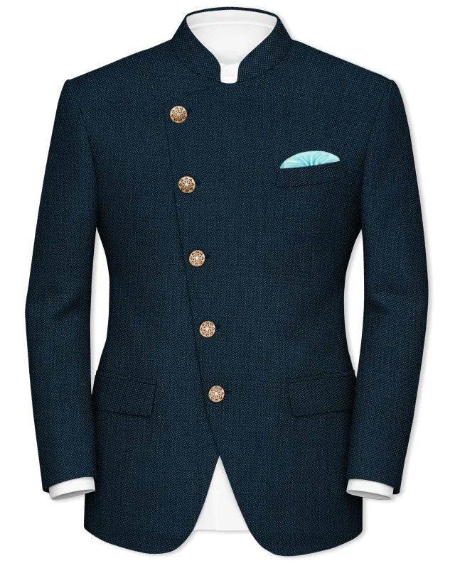 Virenzo-Tiber Green Textured Wool Rich Cross Placket Bandhgala Blazer sold by French Crown