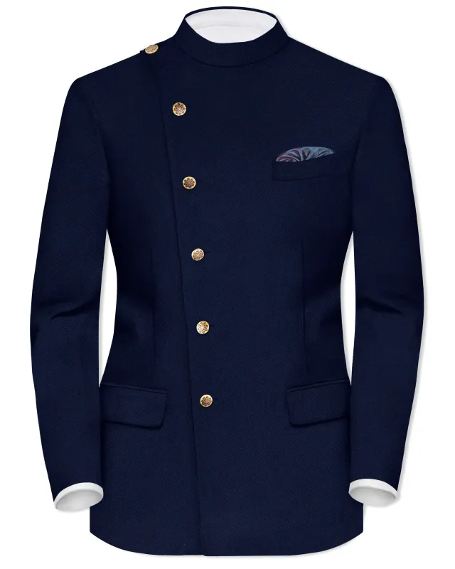 Indavor-Cinder Blue Wool Rich Cross Placket Bandhgala Blazer sold by French Crown