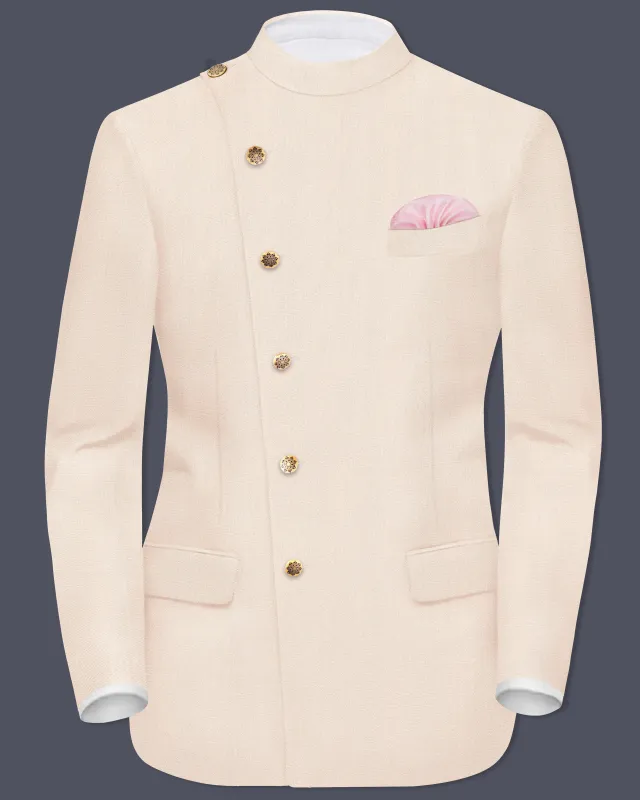 Spanish Cream Solid Wool Blend Cross Placket Bandhgala Blazer sold by French Crown