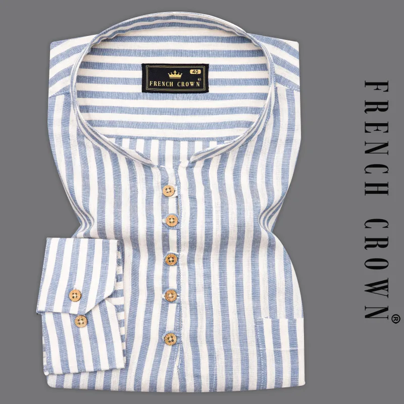 Heather Blue and White Striped Luxurious Linen Kurta Shirt sold by French Crown