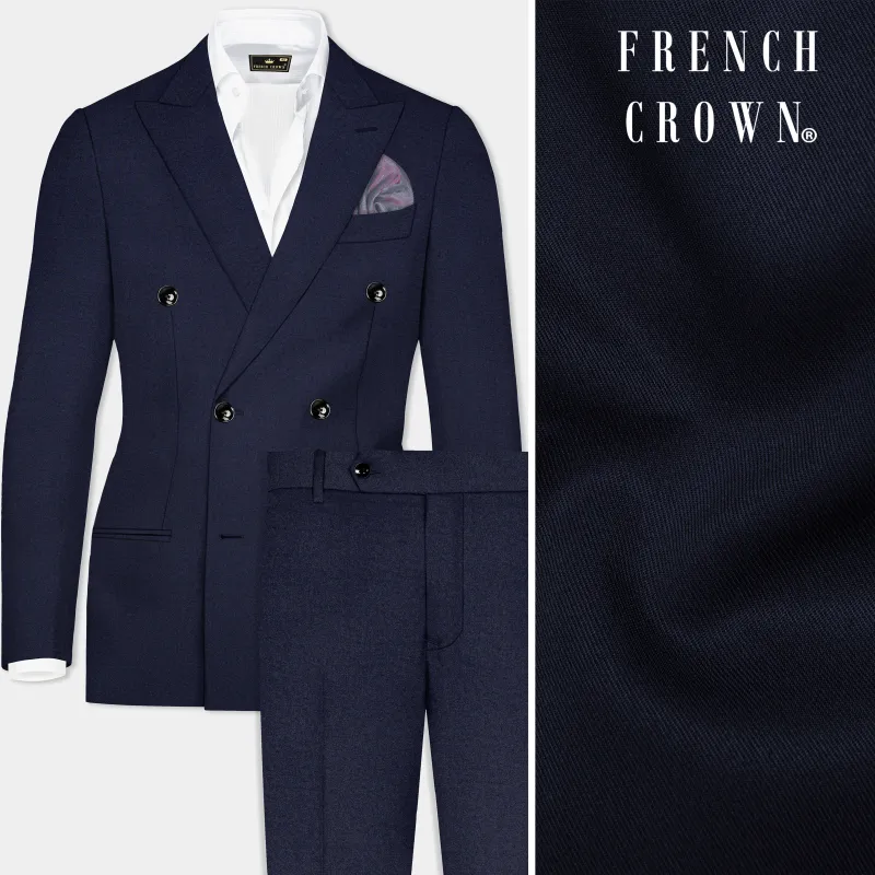 Thunder Blue Solid Wool Blend Double Breasted Suit sold by French Crown