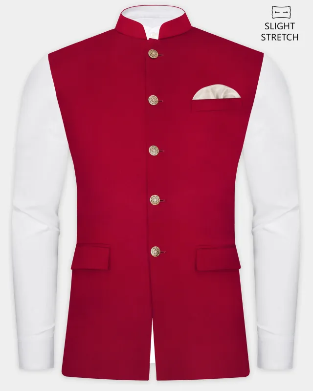 Vermilion-Chili Red Solid Wool Rich Slight Stretch Nehru Jacket sold by French Crown