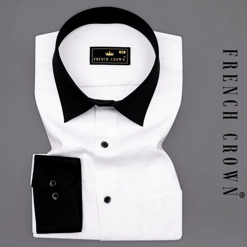 Bright White Jacquard Textured Premium Giza Cotton Shirt with Black Collar and Cuffs sold by French Crown