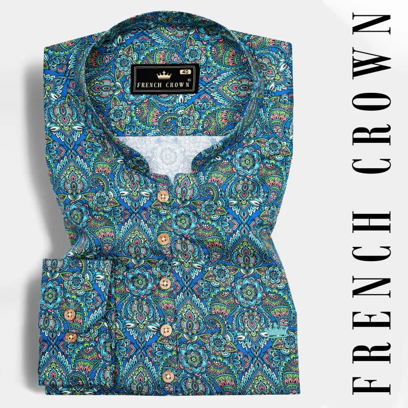Electric Blue and Parakeet Green Multicolour Floral Printed Subtle Sheen Super Soft Premium Cotton Kurta Shirt sold by French Crown