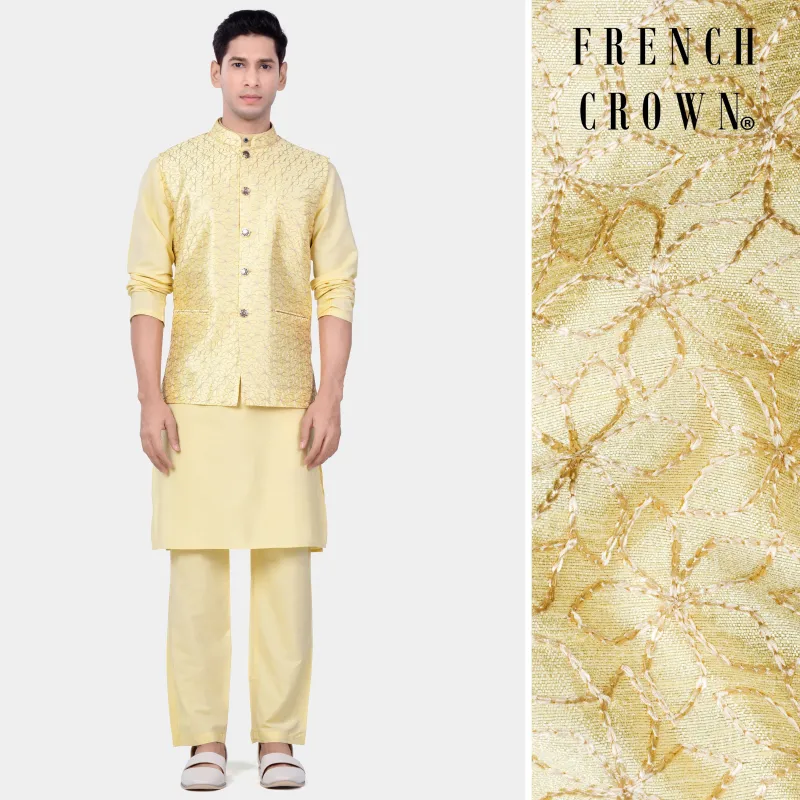 Hampton Yellow Kurta Set With Blond Yellow Flower Embroidered Nehru Jacket sold by French Crown