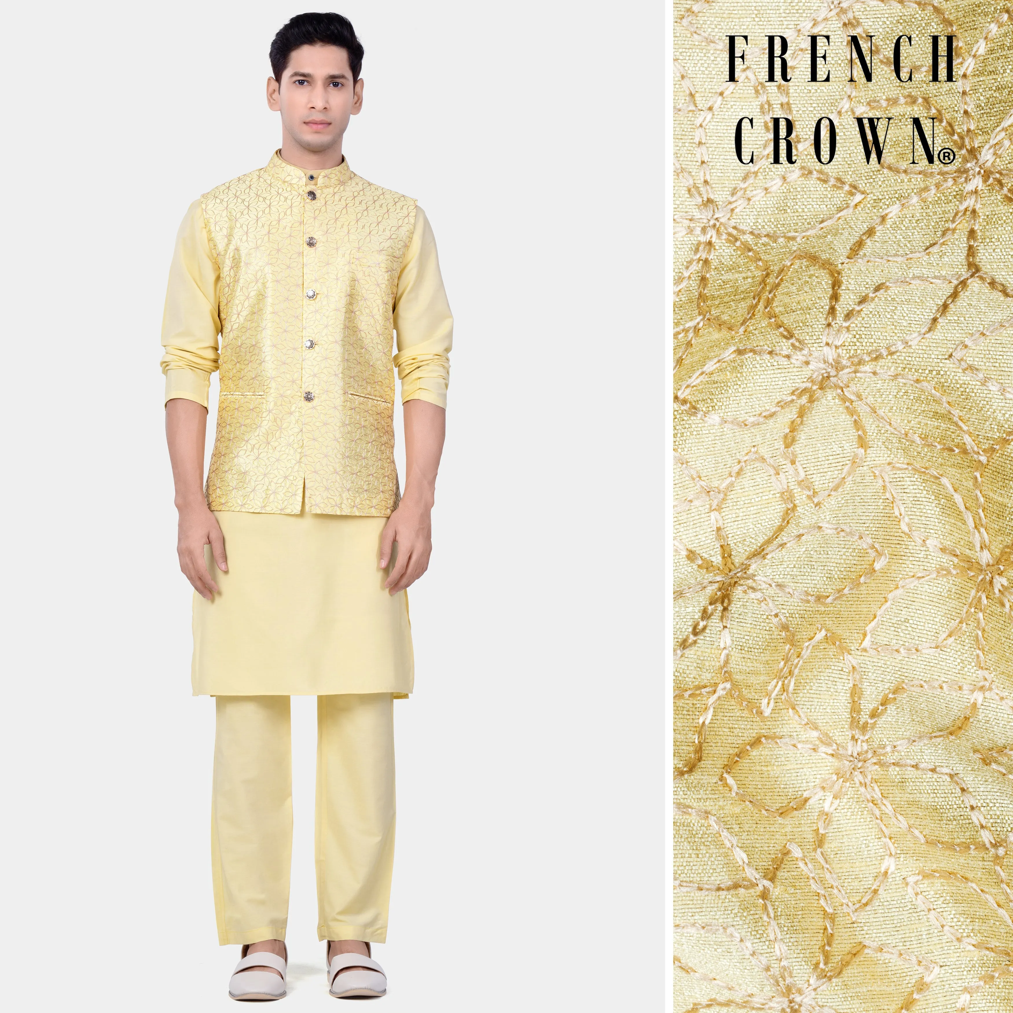 Hampton Yellow Kurta Set With Blond Yellow Flower Embroidered Nehru Jacket sold by French Crown