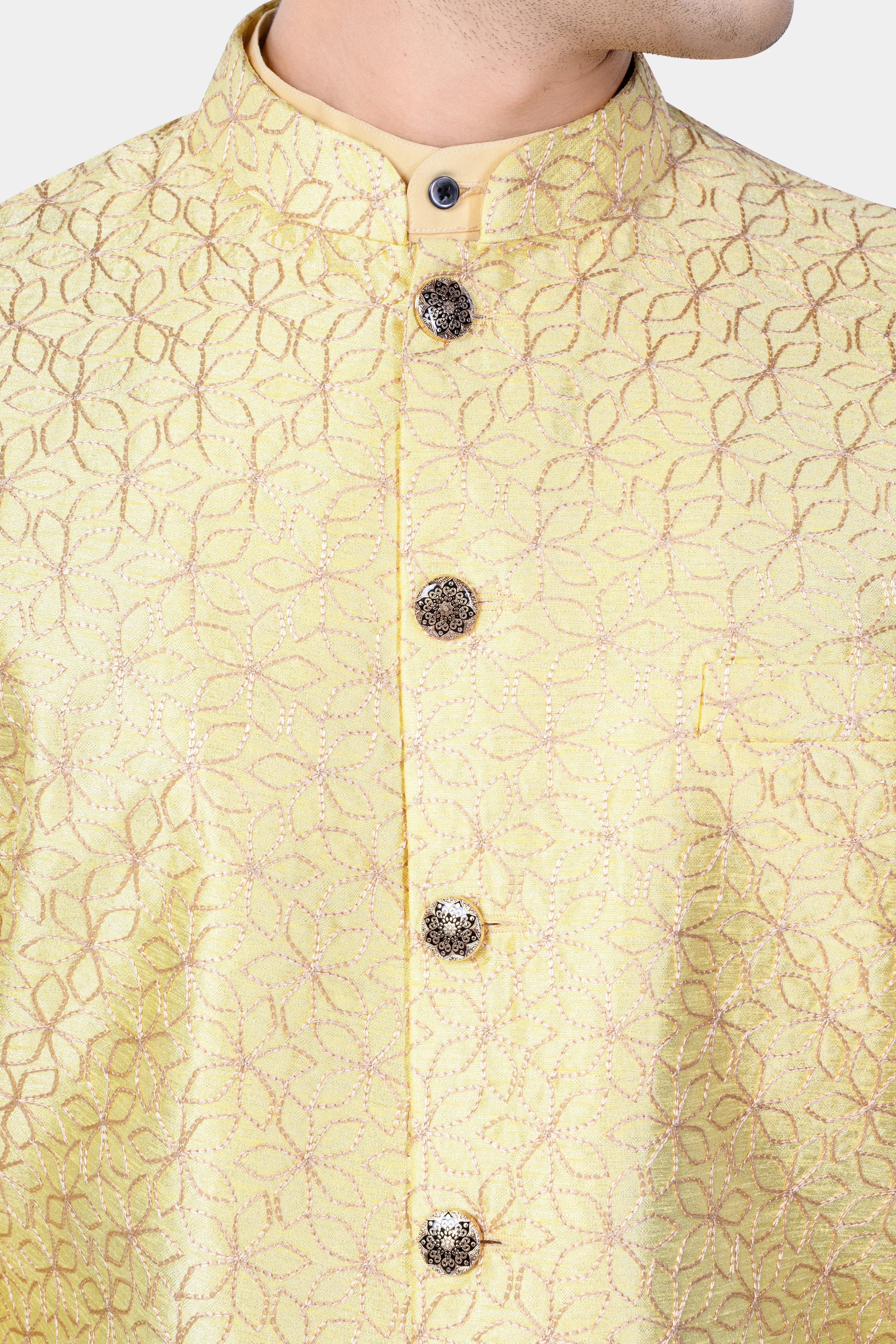 Hampton Yellow Kurta Set With Blond Yellow Flower Embroidered Nehru Jacket sold by French Crown product image thumbnail 5
