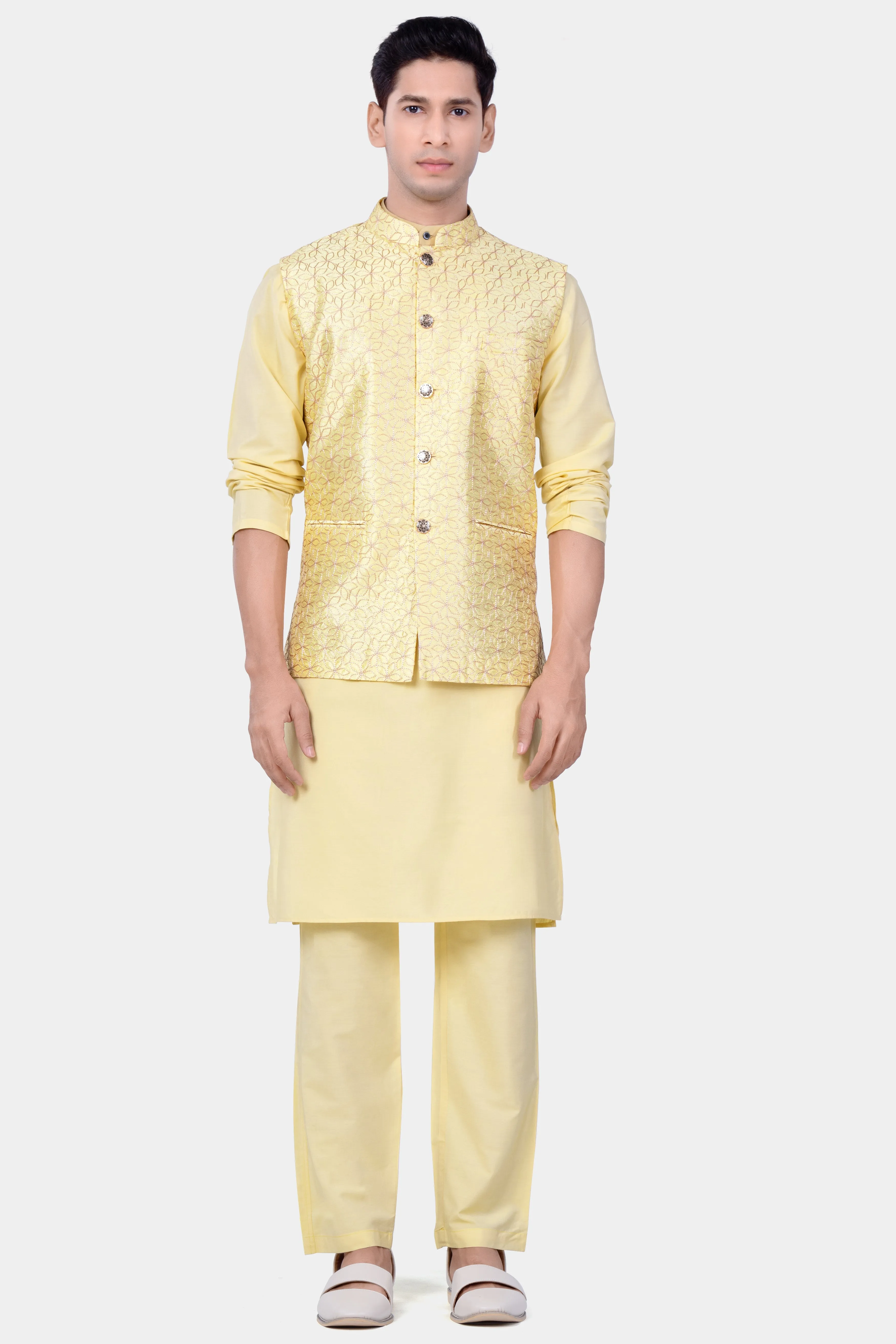 Hampton Yellow Kurta Set With Blond Yellow Flower Embroidered Nehru Jacket sold by French Crown product image thumbnail 2