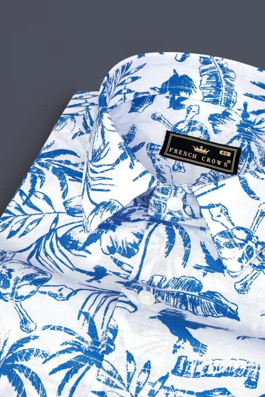 Cobalt Blue And Bright White Coconut Tree Printed Luxurious Linen Shirt sold by French Crown