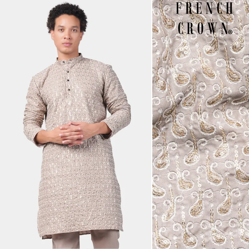 Foggy Brown Paisley Pattern Thread and Sequin Embroidered Subtle Sheen Viscose Designer Kurta sold by French Crown