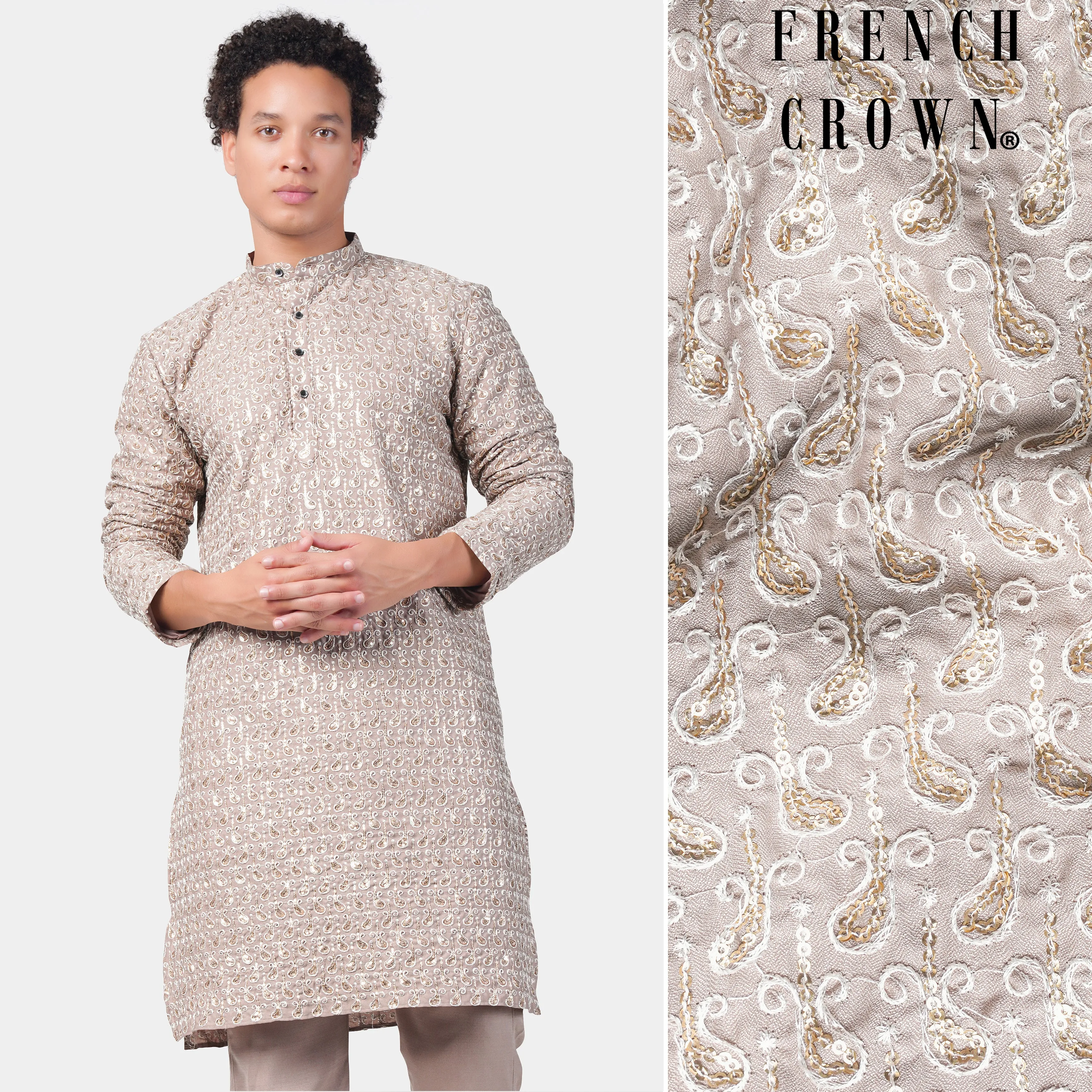 Foggy Brown Paisley Pattern Thread and Sequin Embroidered Subtle Sheen Viscose Designer Kurta sold by French Crown