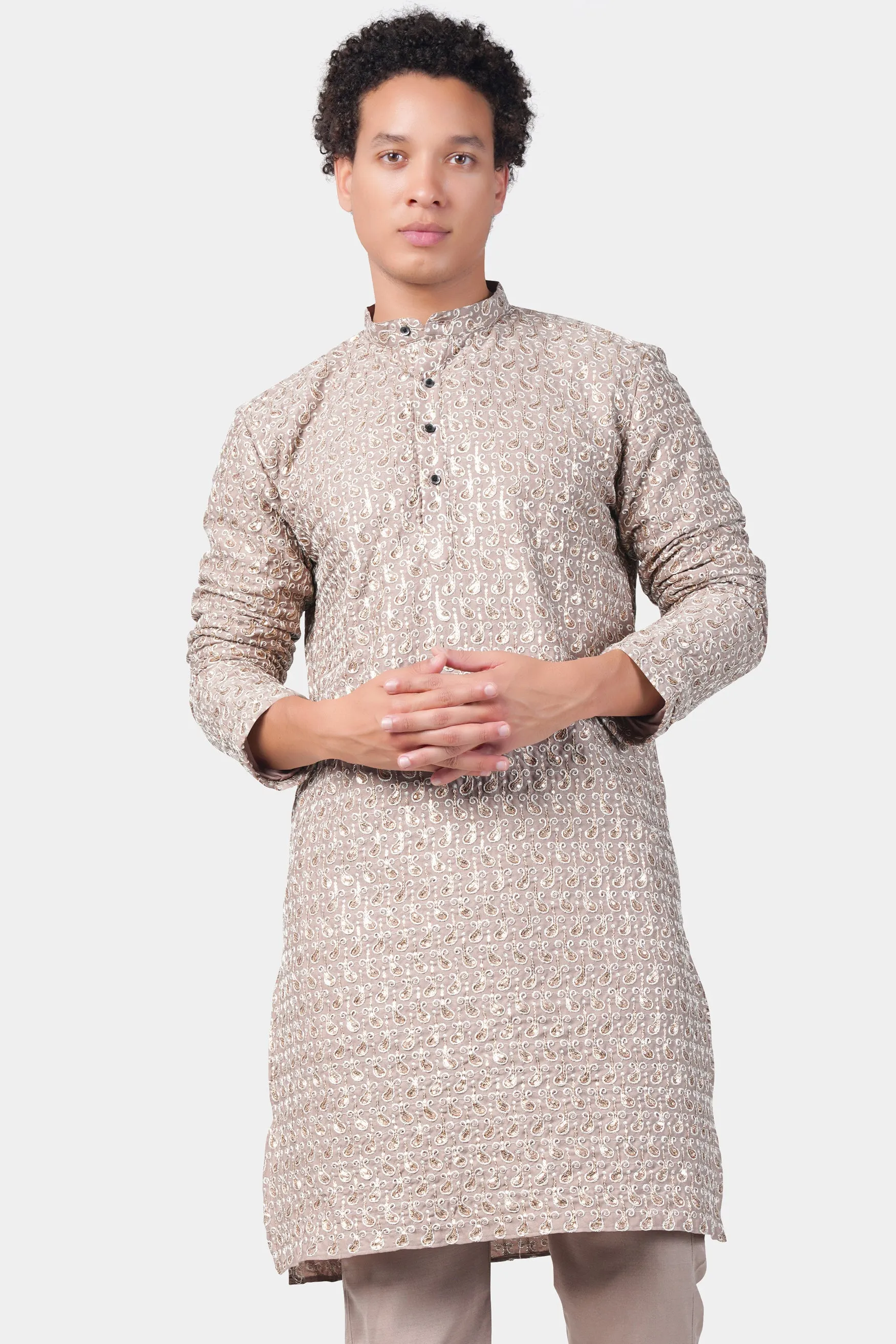Foggy Brown Paisley Pattern Thread and Sequin Embroidered Subtle Sheen Viscose Designer Kurta sold by French Crown product image thumbnail 2