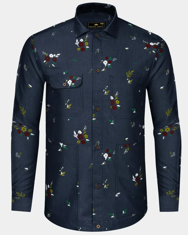 Scafloris-Mirage Blue Scattered Floral Printed Heavyweight Premium Cotton Casual Denim Overshirts sold by French Crown