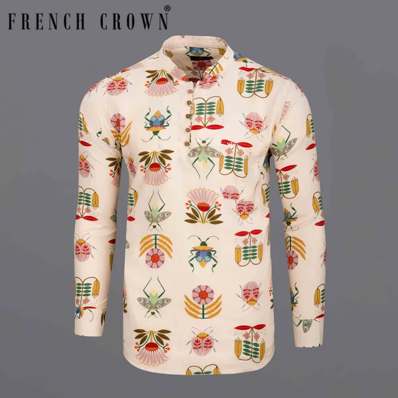 Brandy Beige Bugs and flowers Printed Super Soft Flannel Kurta Shirt sold by French Crown