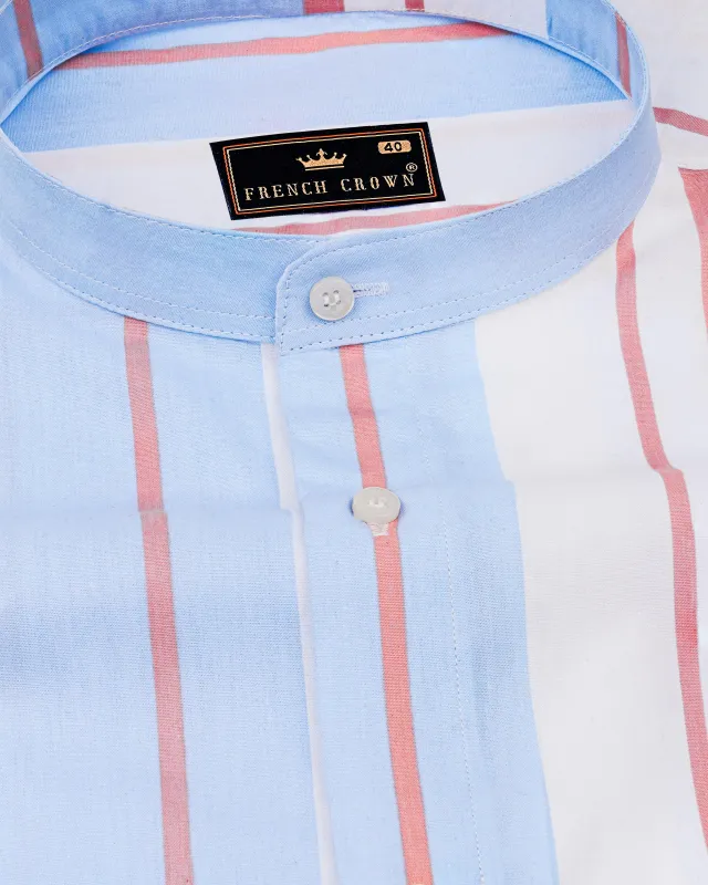 Bright White with Tropical Sky Blue and Daisy Pink Striped Premium Cotton Shirt sold by French Crown