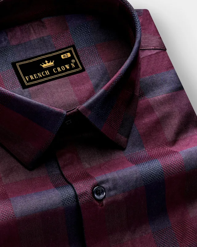 Purply Blue with Magenta Red Plaid Jacquard Premium Cotton Shirt sold by French Crown