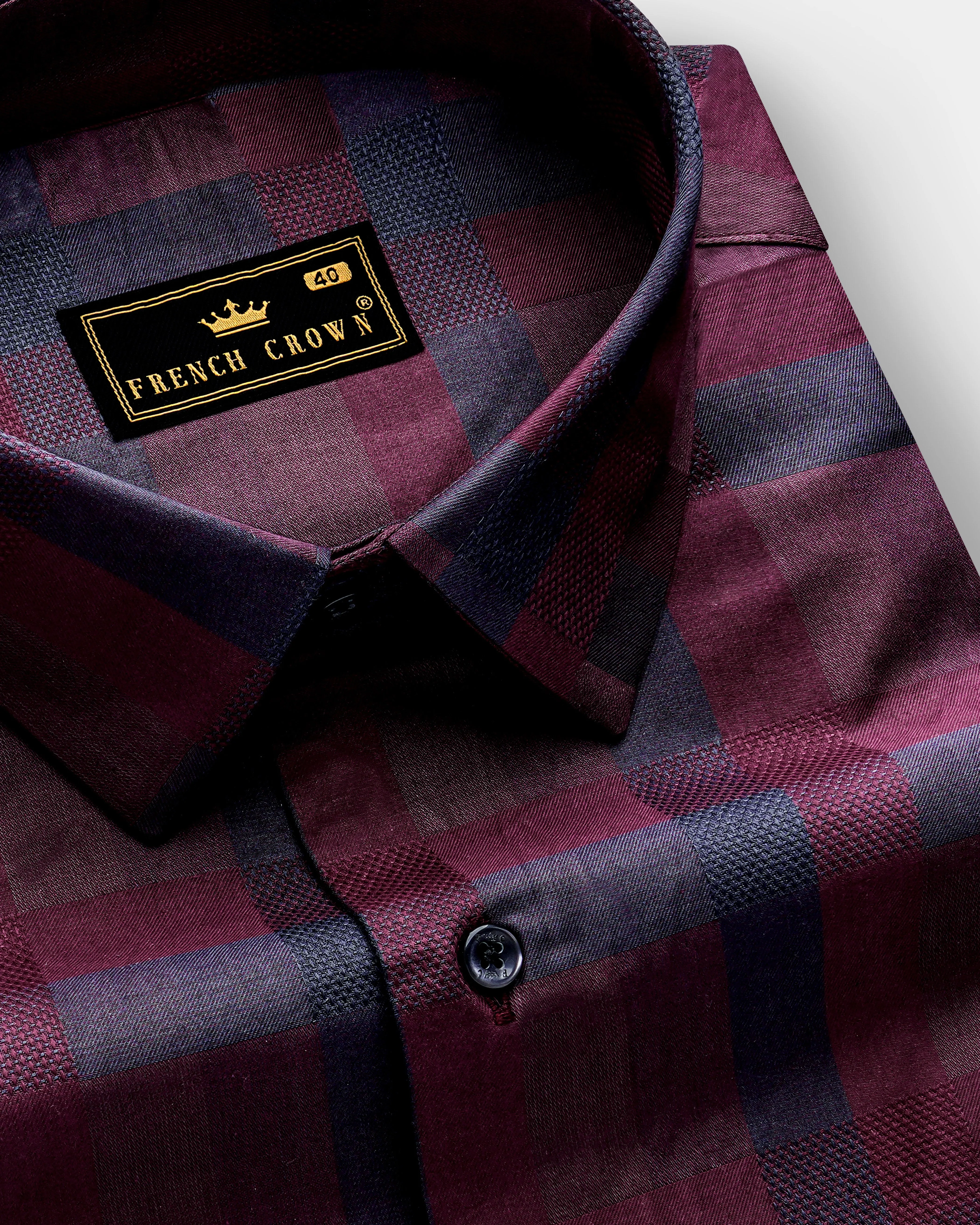 Purply Blue with Magenta Red Plaid Jacquard Premium Cotton Shirt sold by French Crown