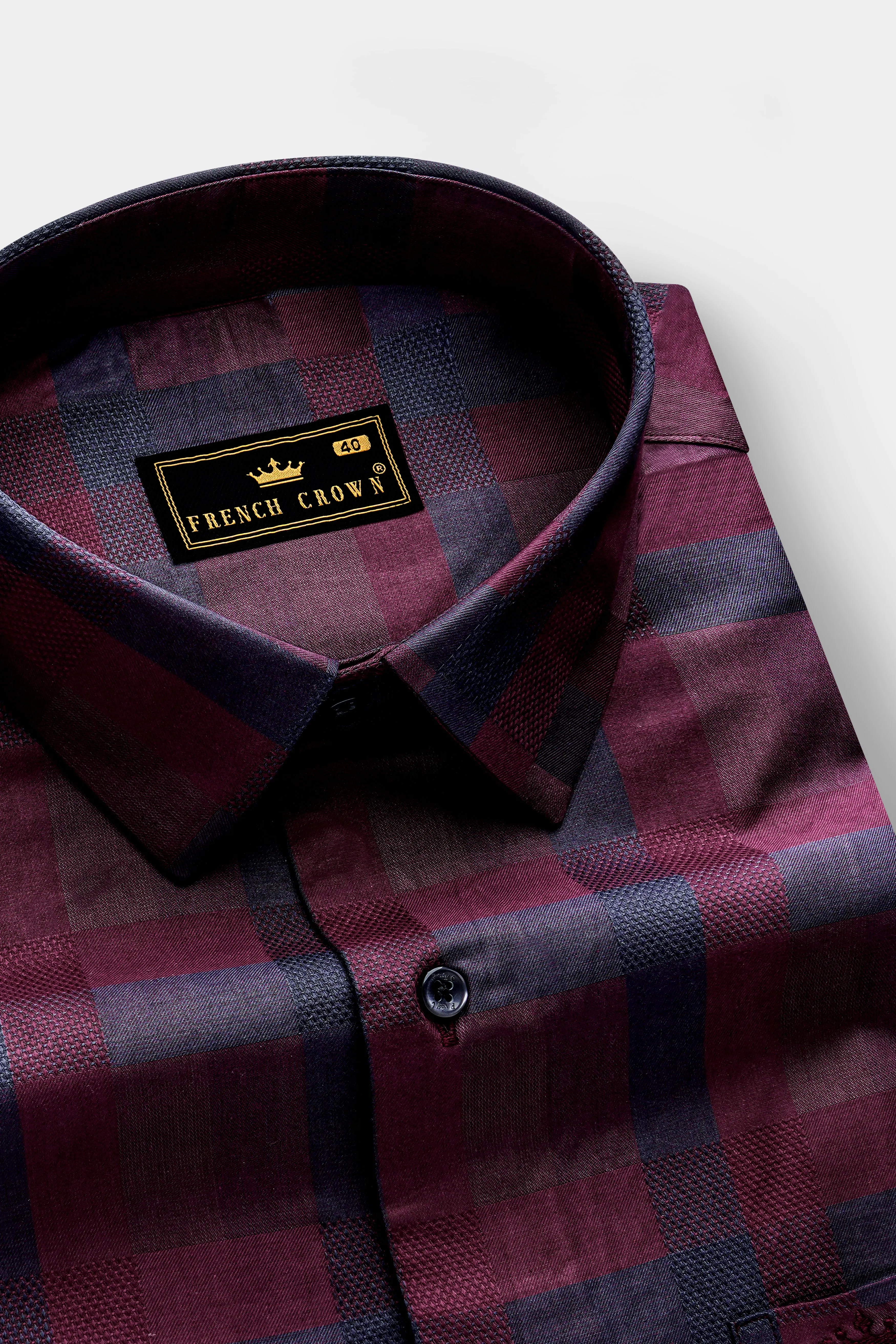 Purply Blue with Magenta Red Plaid Jacquard Premium Cotton Shirt sold by French Crown product image thumbnail 2