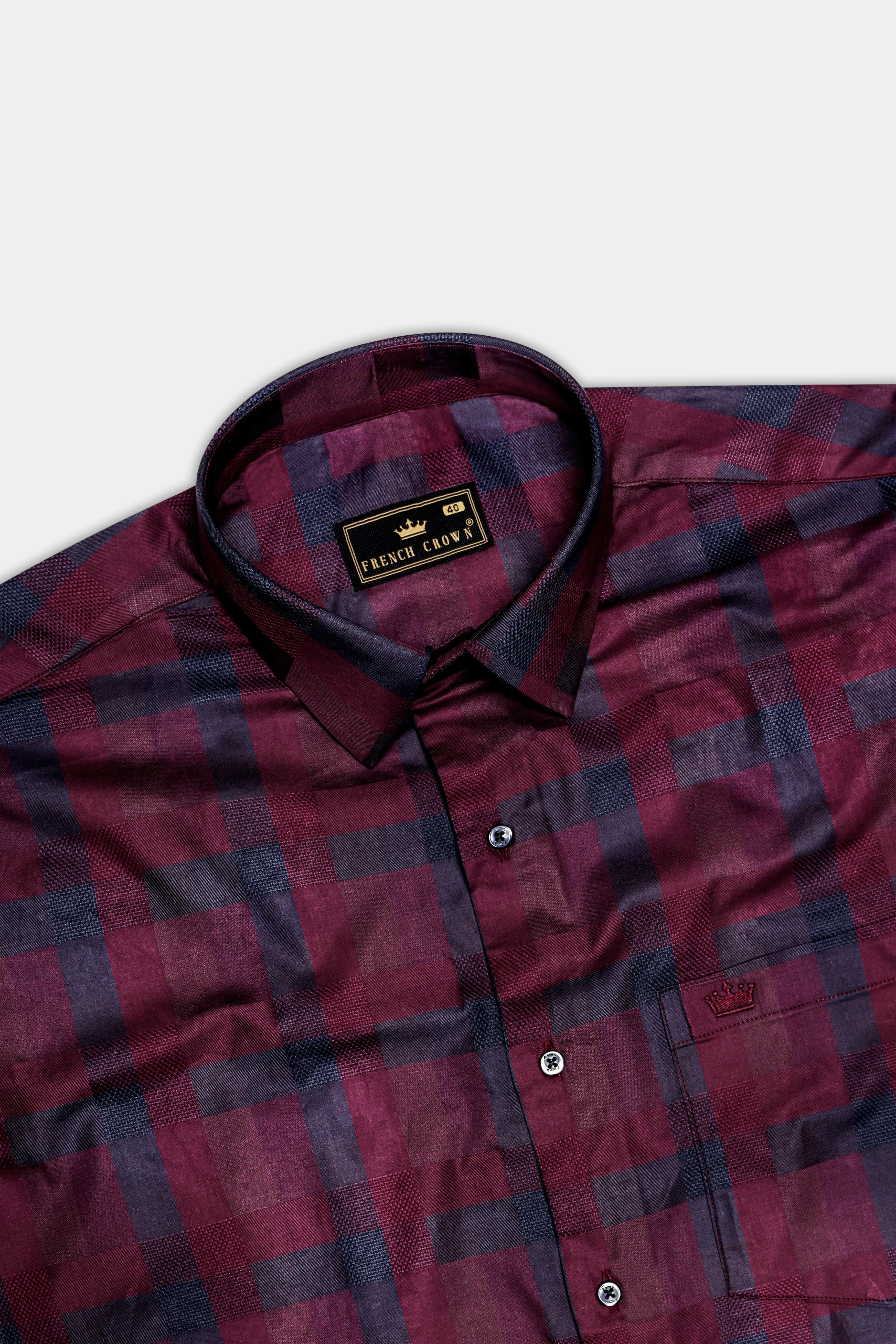 Purply Blue with Magenta Red Plaid Jacquard Premium Cotton Shirt sold by French Crown product image thumbnail 5