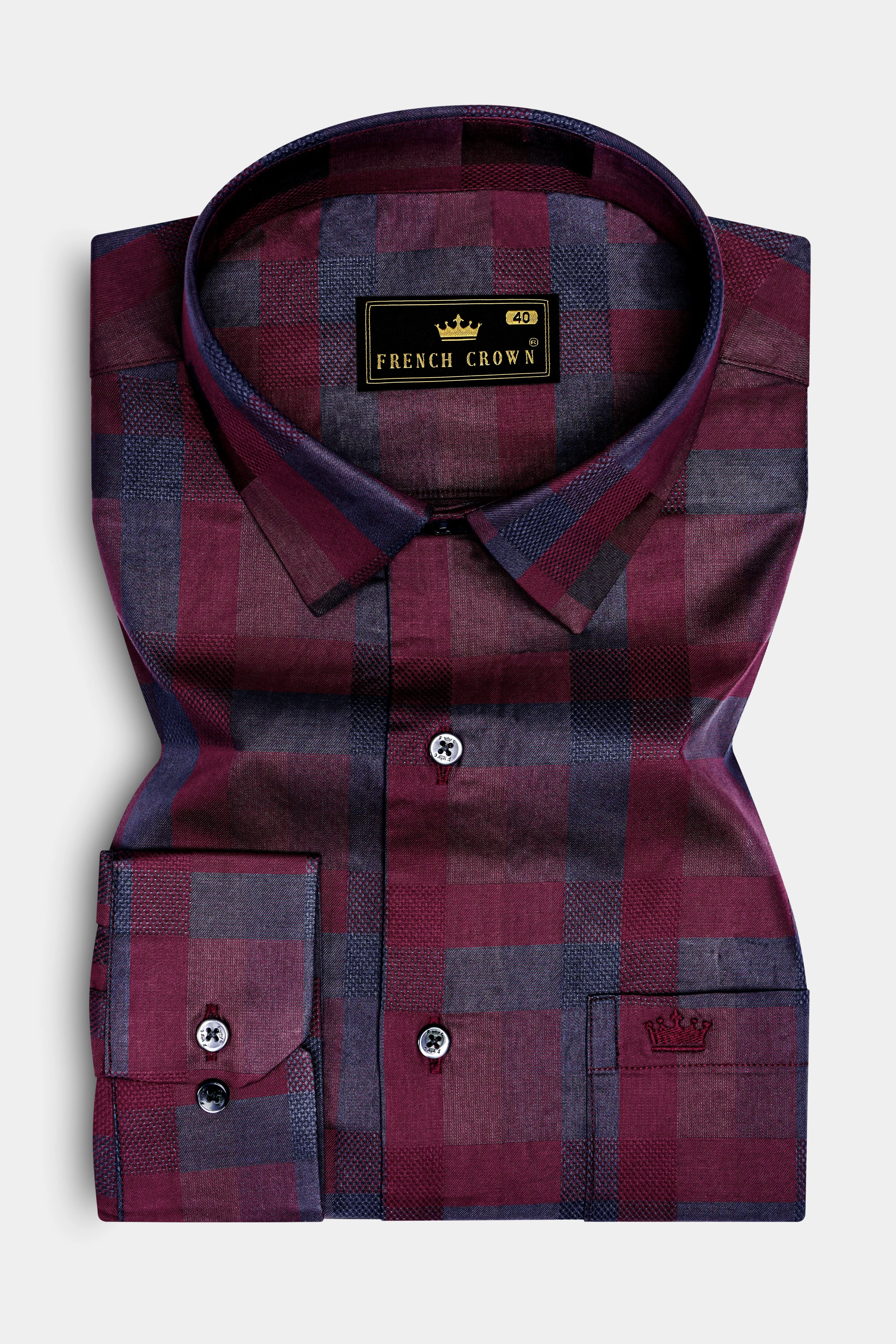 Purply Blue with Magenta Red Plaid Jacquard Premium Cotton Shirt sold by French Crown product image thumbnail 4