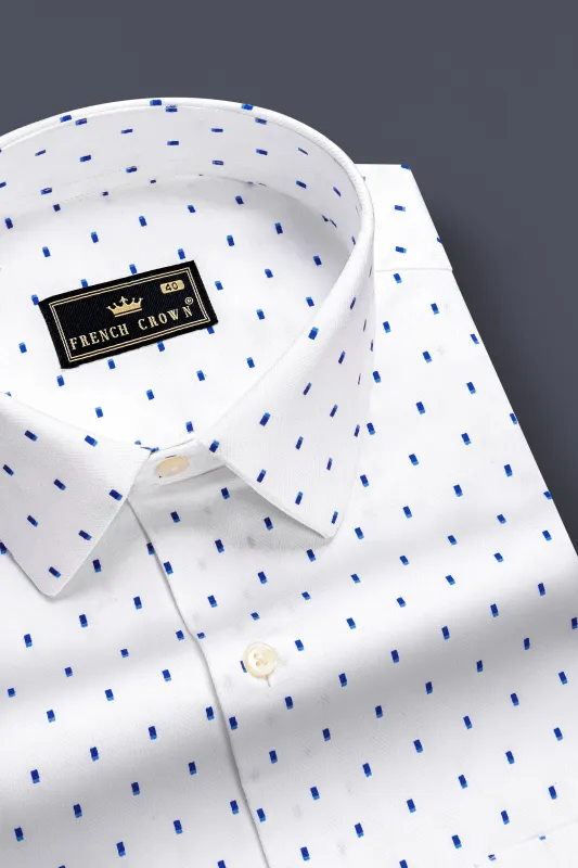 Azure Crest-Bright White and Persian Blue Printed Dobby Textured Premium Giza Cotton Dress Shirt sold by French Crown