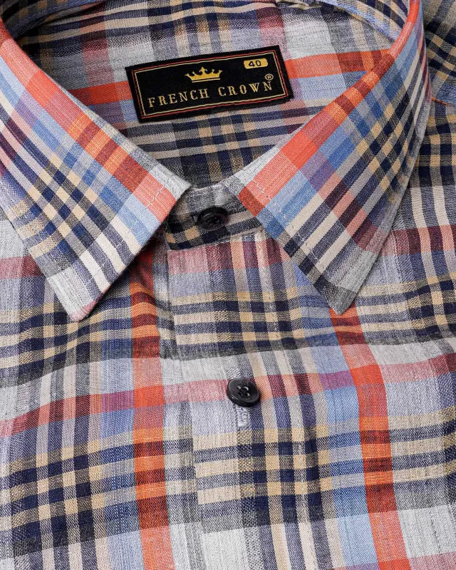 Flame Pea Red and Mirage Blue Plaid Chambray Premium Cotton Shirt sold by French Crown