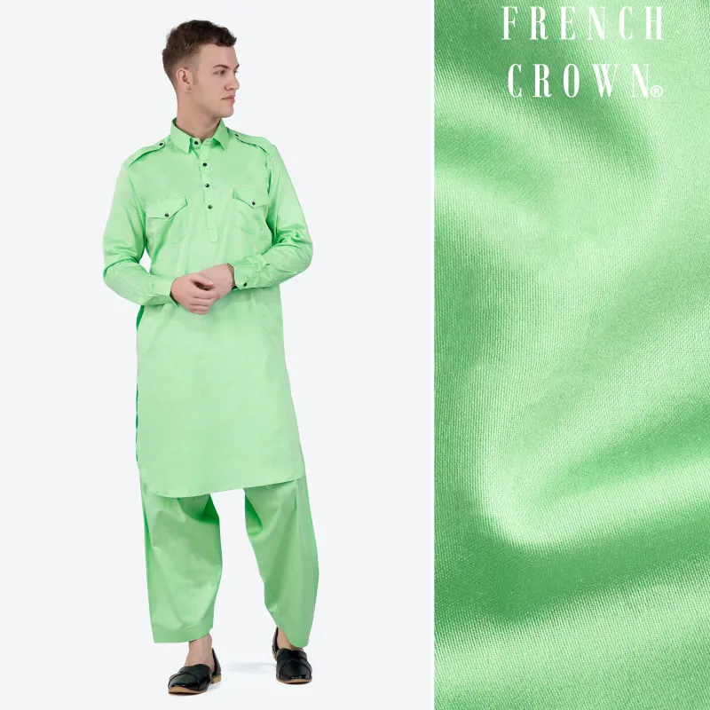 Celadon Green Subtle Sheen Super Soft Premium Cotton Pathani Set sold by French Crown