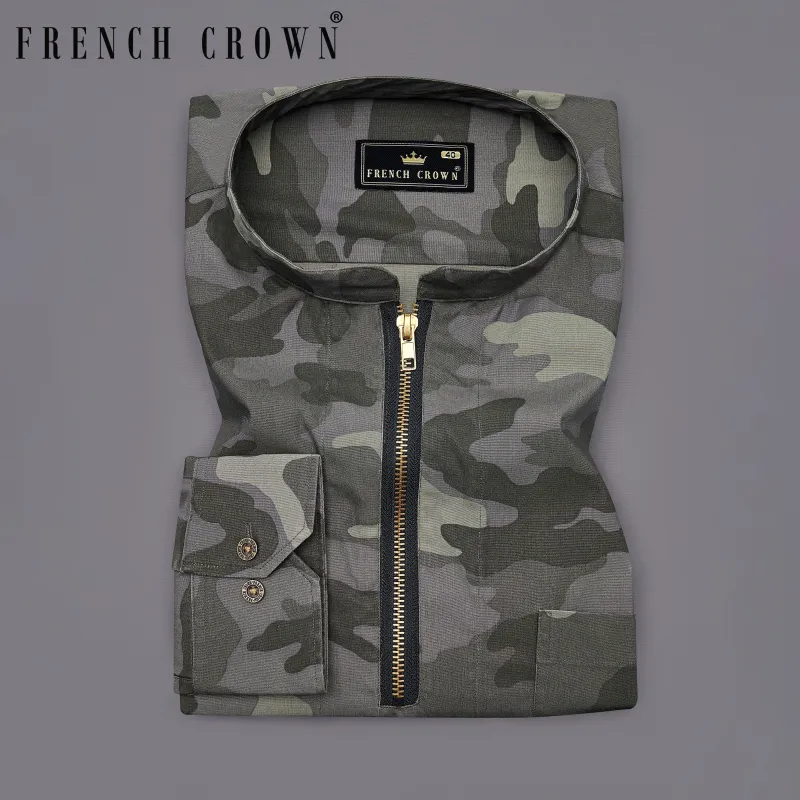 Birch Green with Wenge Gray Camouflage Printed Royal Oxford Designer zipper Shirt sold by French Crown