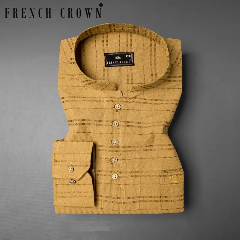 Saffron Brown Striped Dobby Textured Premium Giza Cotton Kurta Shirt sold by French Crown