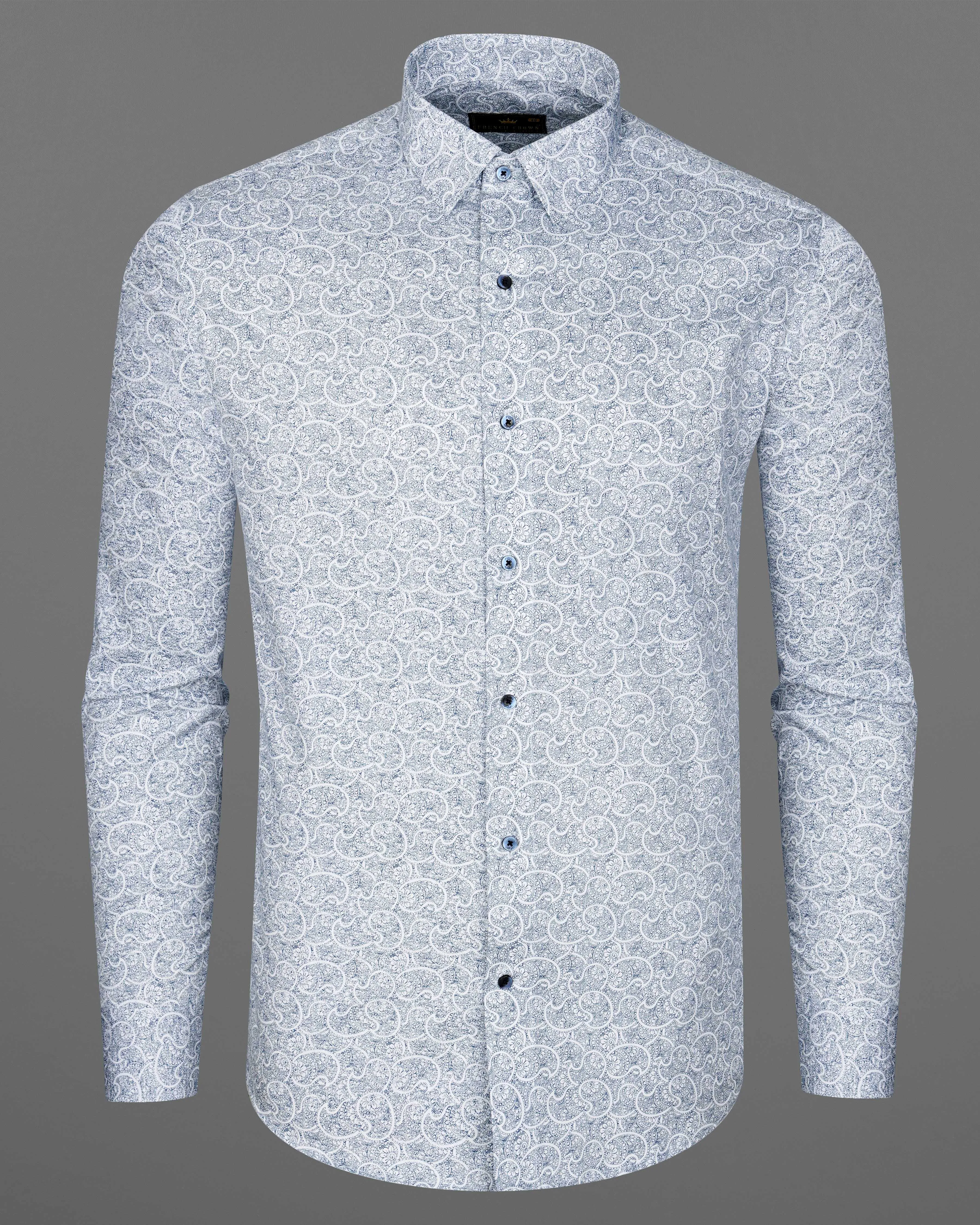 Bright White with CloudBurst Blue Paisley Printed Premium Cotton Shirt sold by French Crown product image thumbnail 5