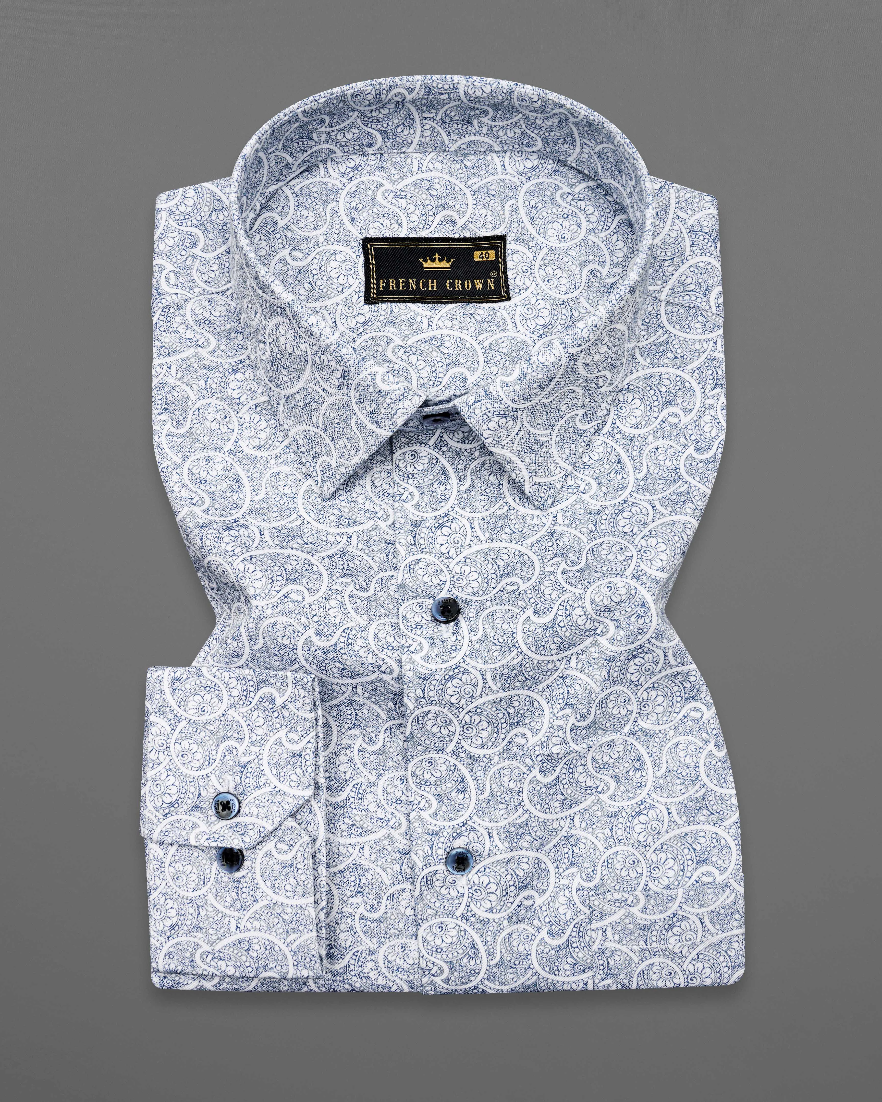 Bright White with CloudBurst Blue Paisley Printed Premium Cotton Shirt sold by French Crown product image thumbnail 3