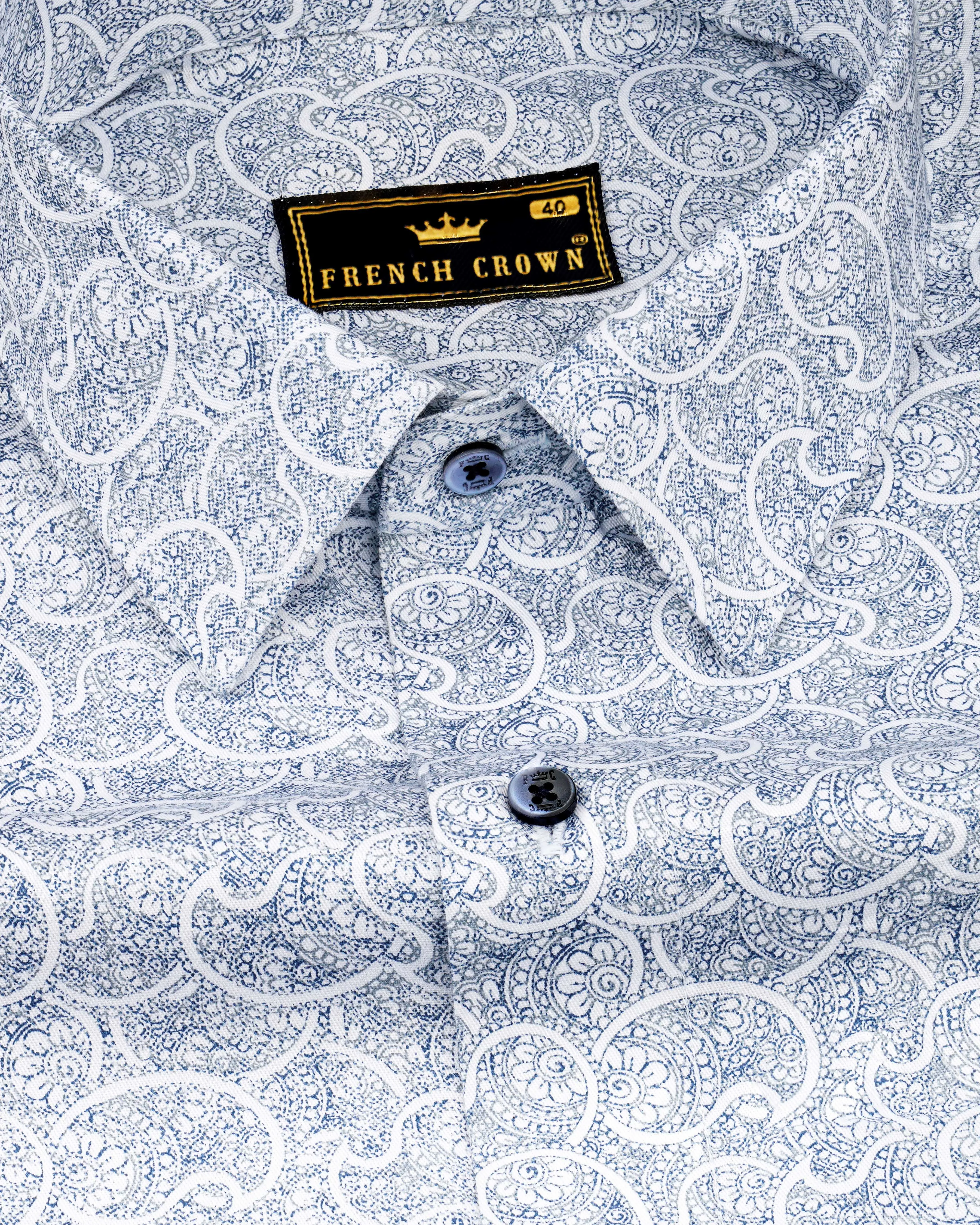 Bright White with CloudBurst Blue Paisley Printed Premium Cotton Shirt sold by French Crown