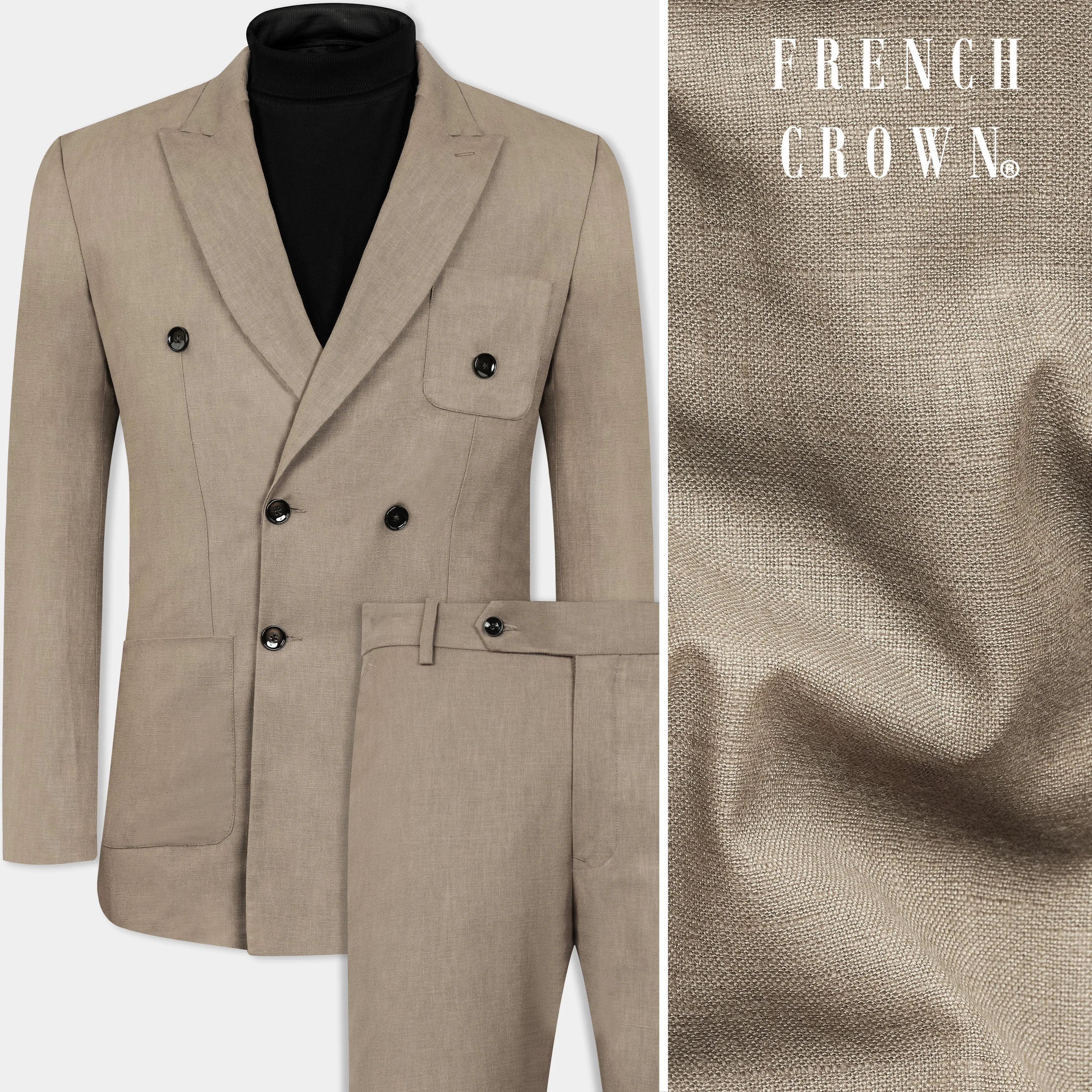 Oyster Brown Luxurious Linen Double Breasted Sports Suit sold by French Crown