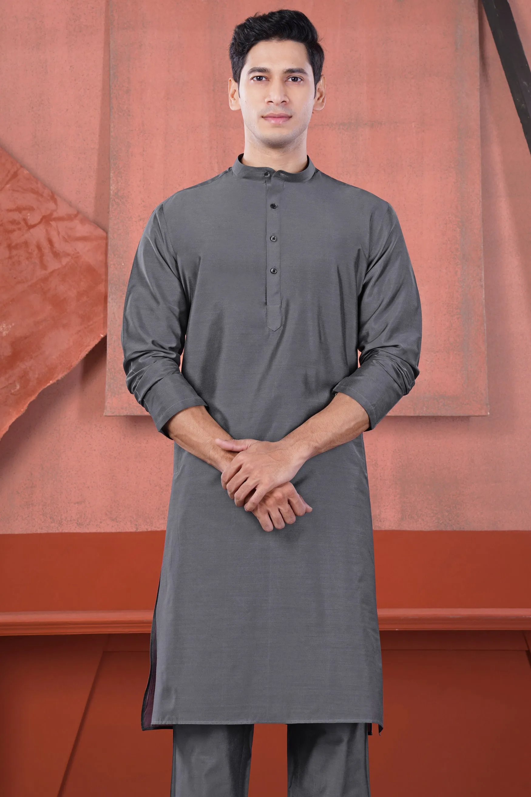 Fuscous Gray Subtle Sheen Viscose Kurta Set sold by French Crown product image thumbnail 5