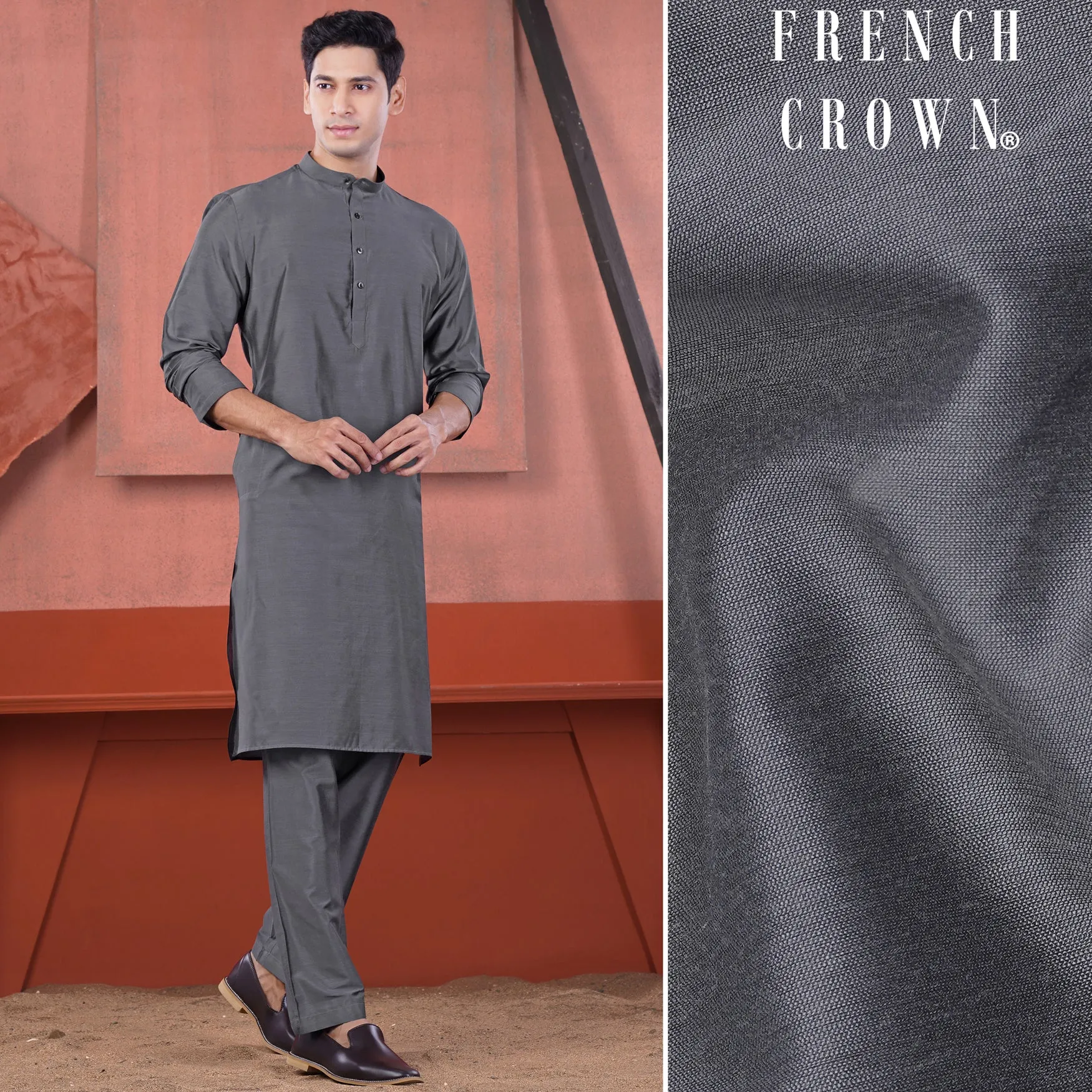 Fuscous Gray Subtle Sheen Viscose Kurta Set sold by French Crown