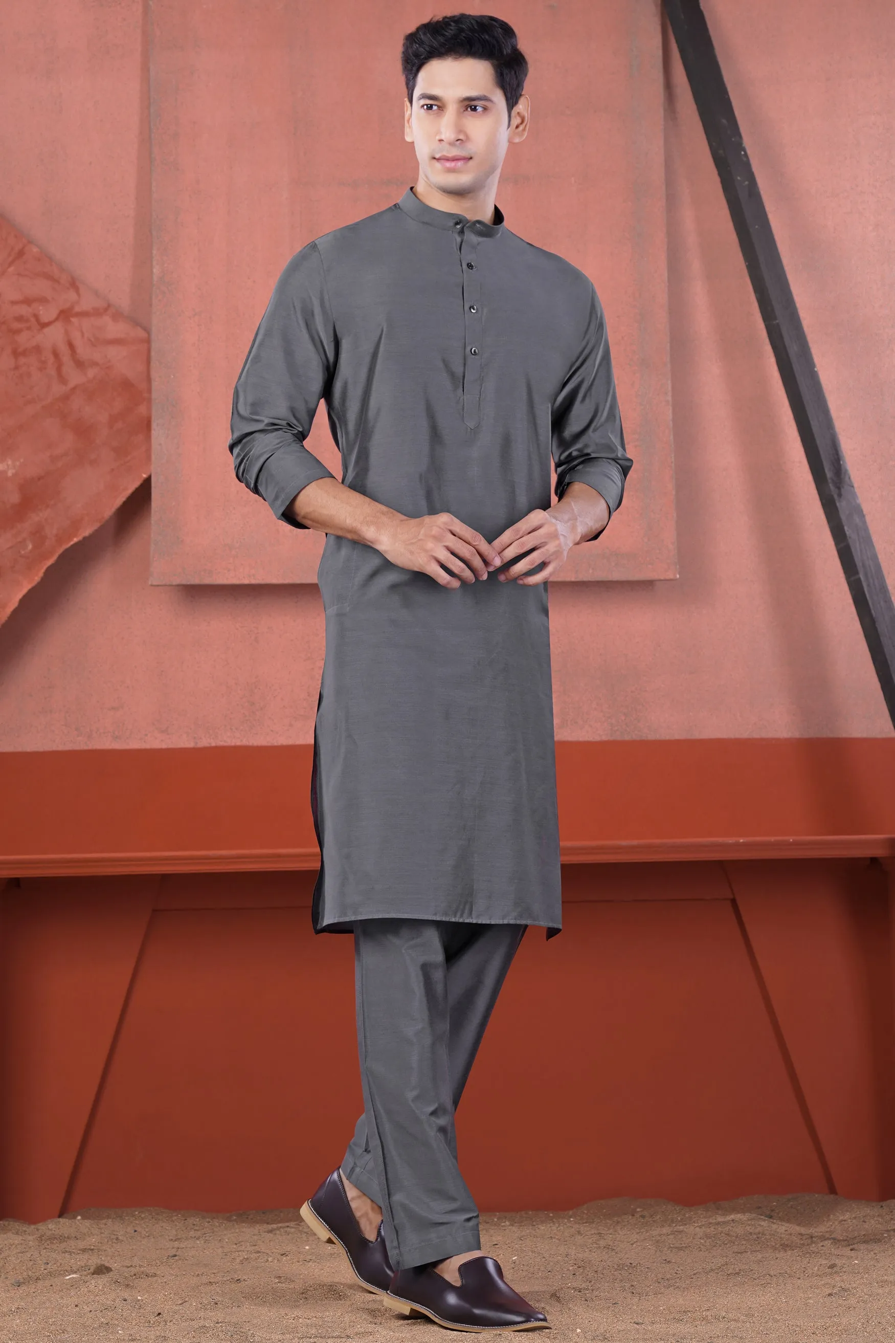 Fuscous Gray Subtle Sheen Viscose Kurta Set sold by French Crown product image thumbnail 2