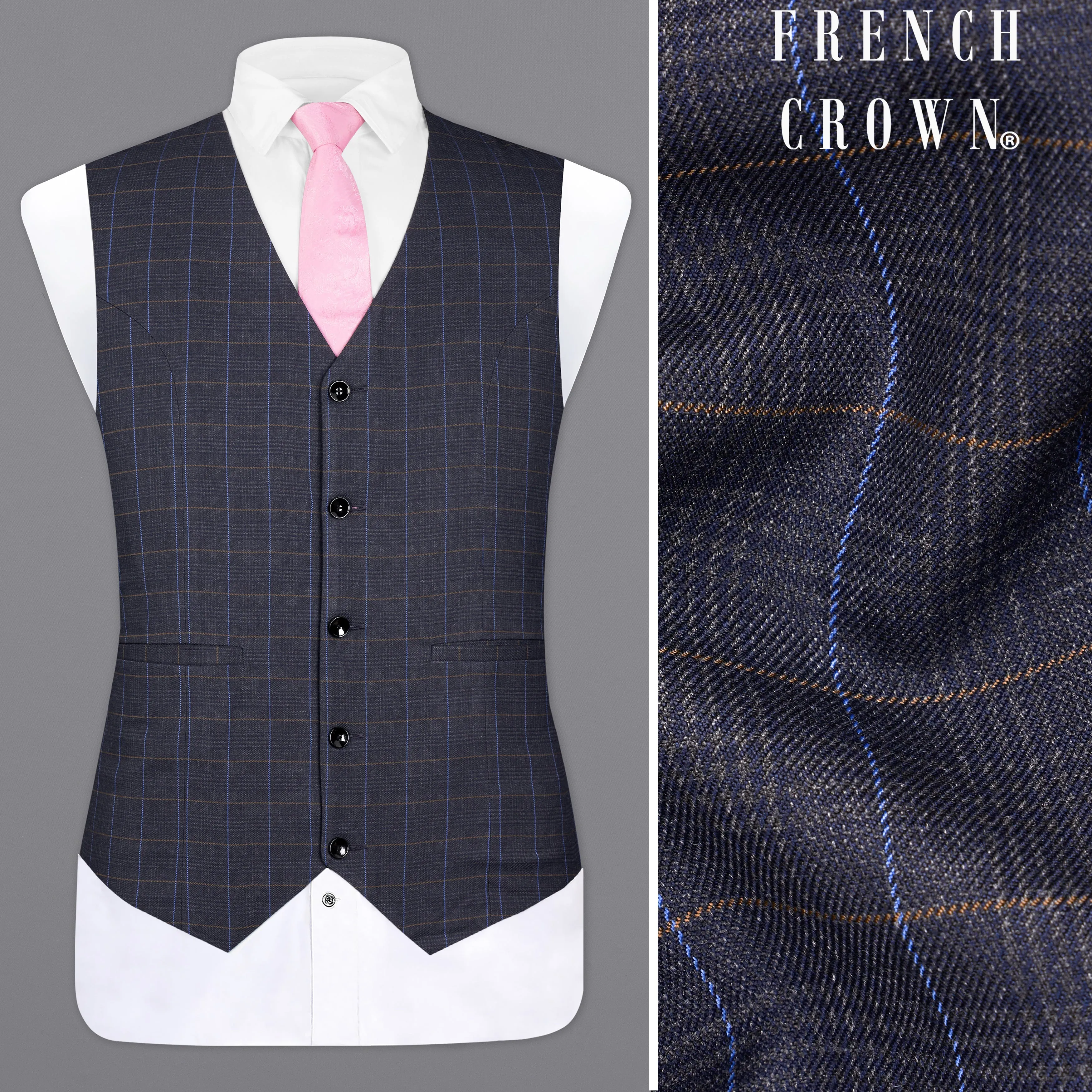 Iridium Gray Windowpane Waistcoat sold by French Crown