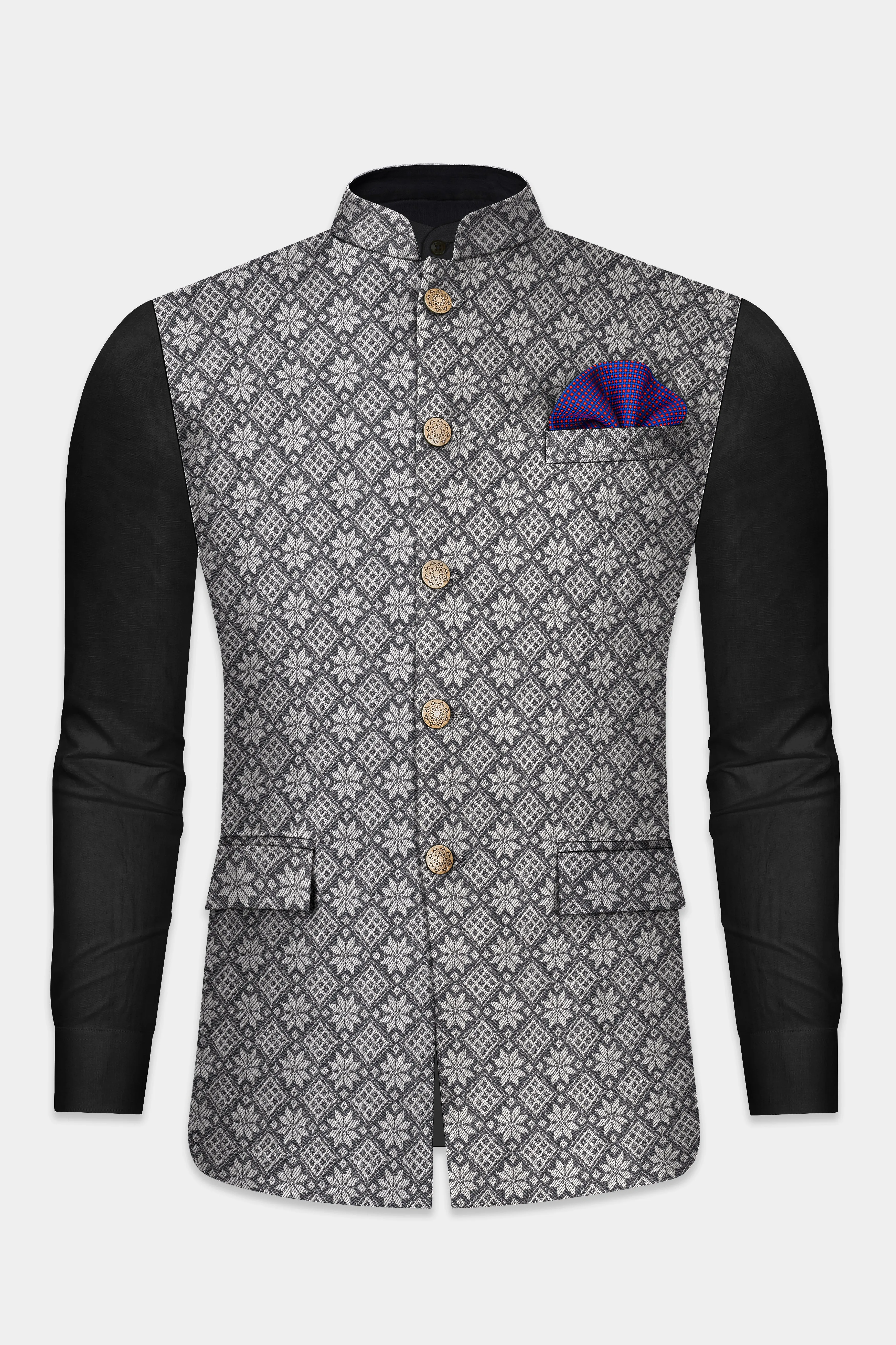 Ironside gray and Cement gray Floral Printed Nehru Jacket sold by French Crown product image thumbnail 2
