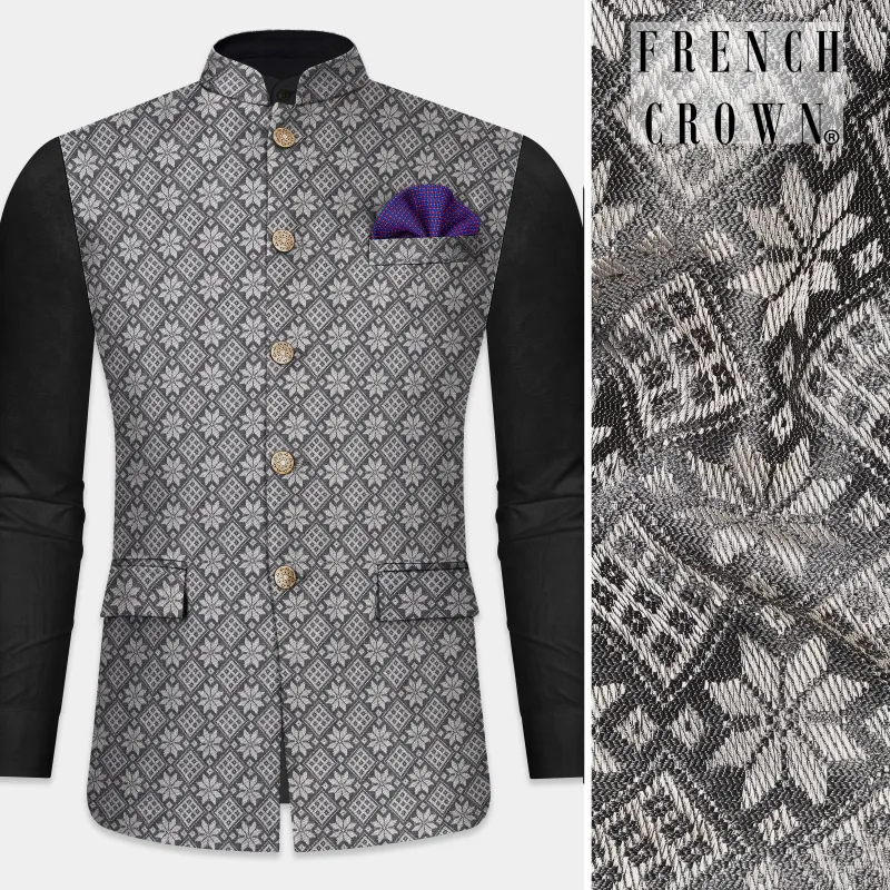 Ironside gray and Cement gray Floral Printed Nehru Jacket sold by French Crown