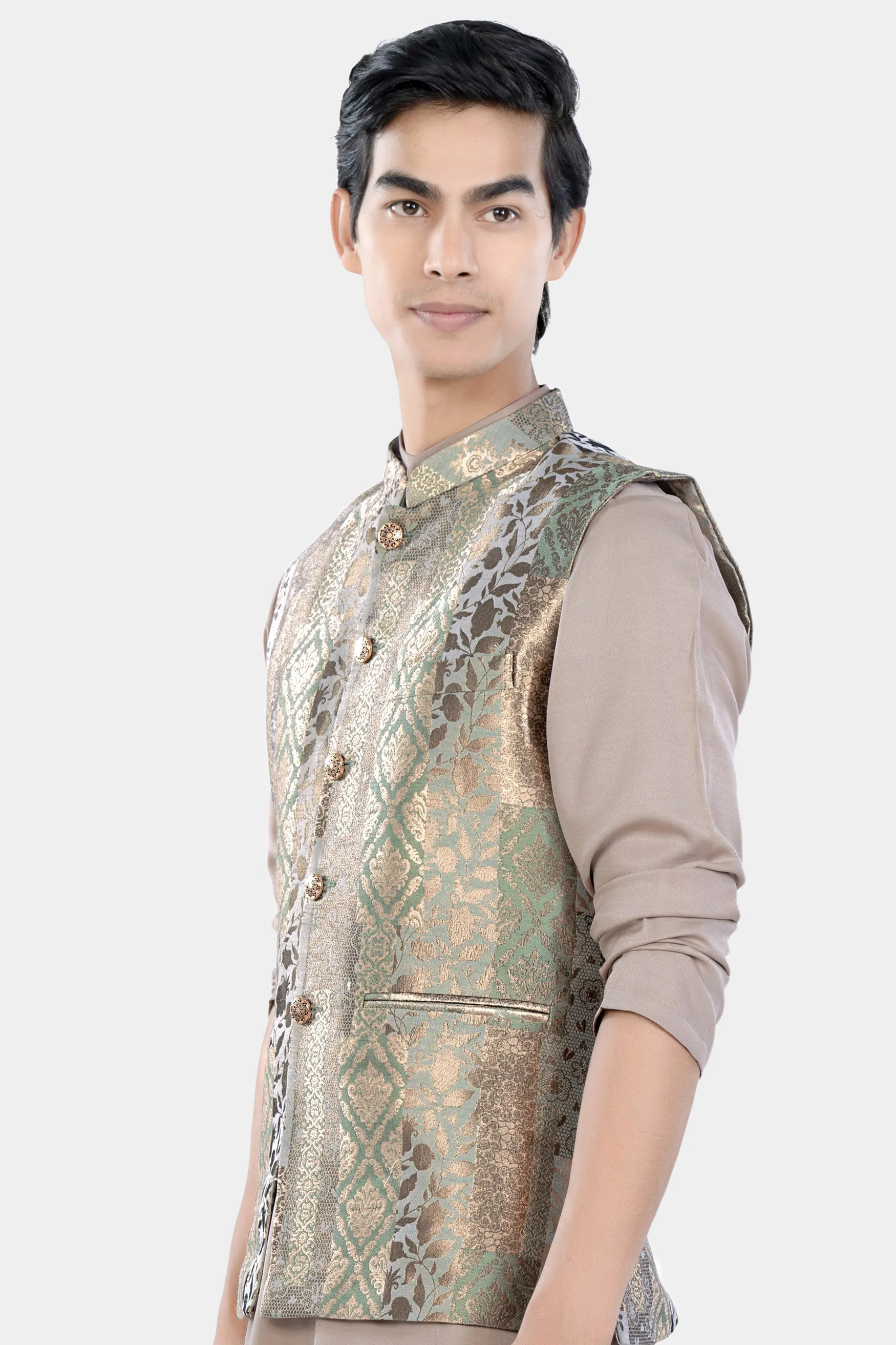 Envy Green and Opium Brown Geometric Jacquard Textured Designer Nehru Jacket sold by French Crown product image thumbnail 5