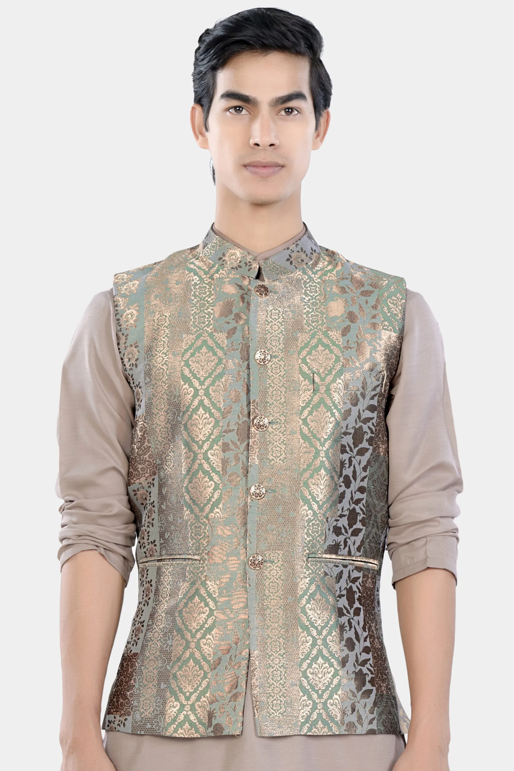 Envy Green and Opium Brown Geometric Jacquard Textured Designer Nehru Jacket sold by French Crown product image thumbnail 2