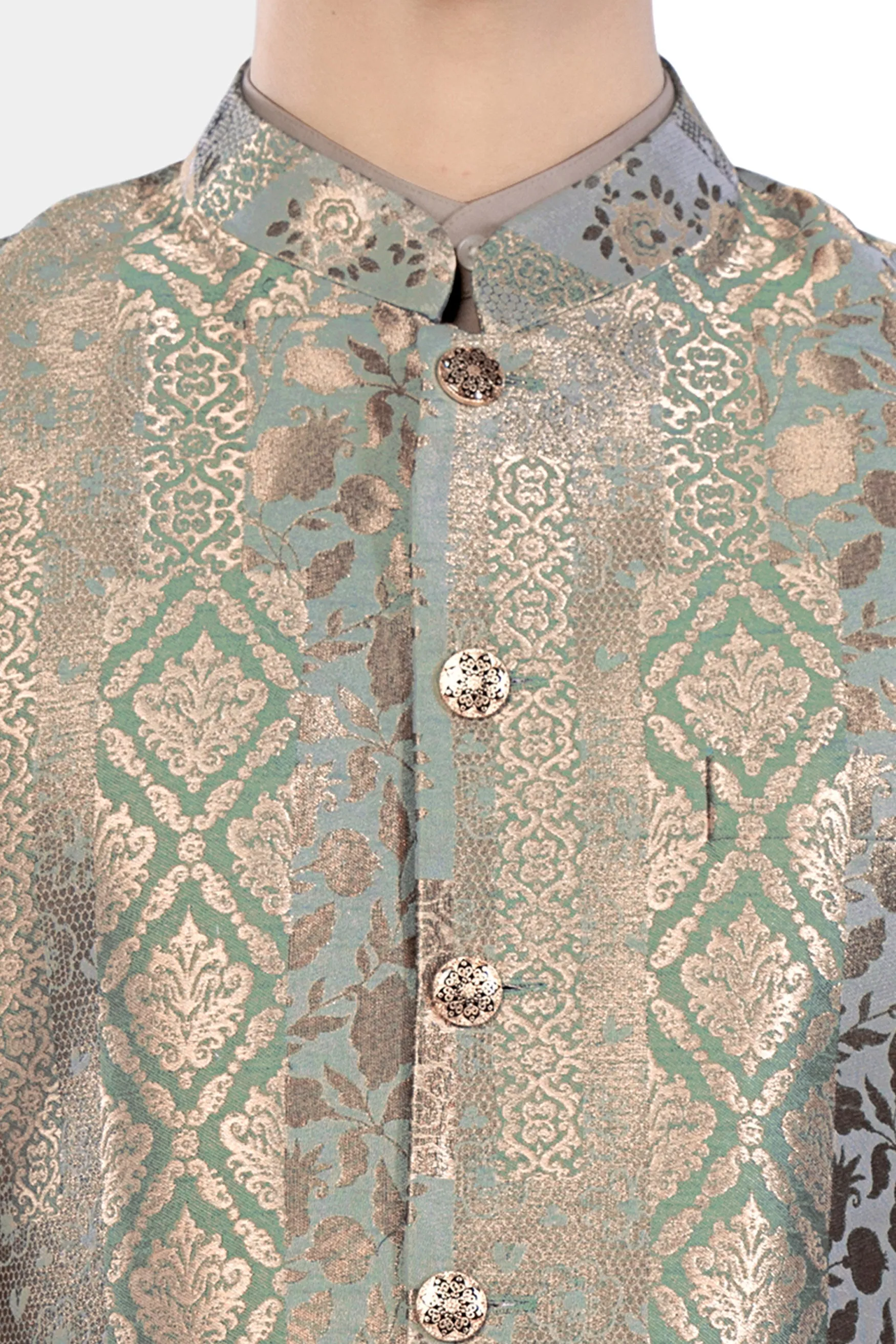 Envy Green and Opium Brown Geometric Jacquard Textured Designer Nehru Jacket sold by French Crown product image thumbnail 4