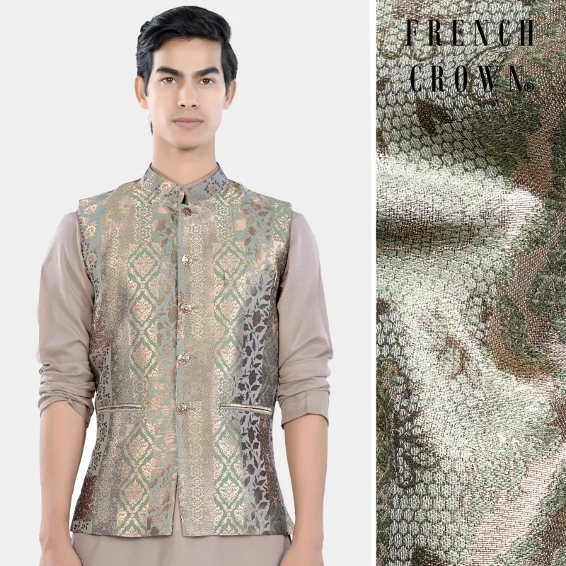 Envy Green and Opium Brown Geometric Jacquard Textured Designer Nehru Jacket sold by French Crown