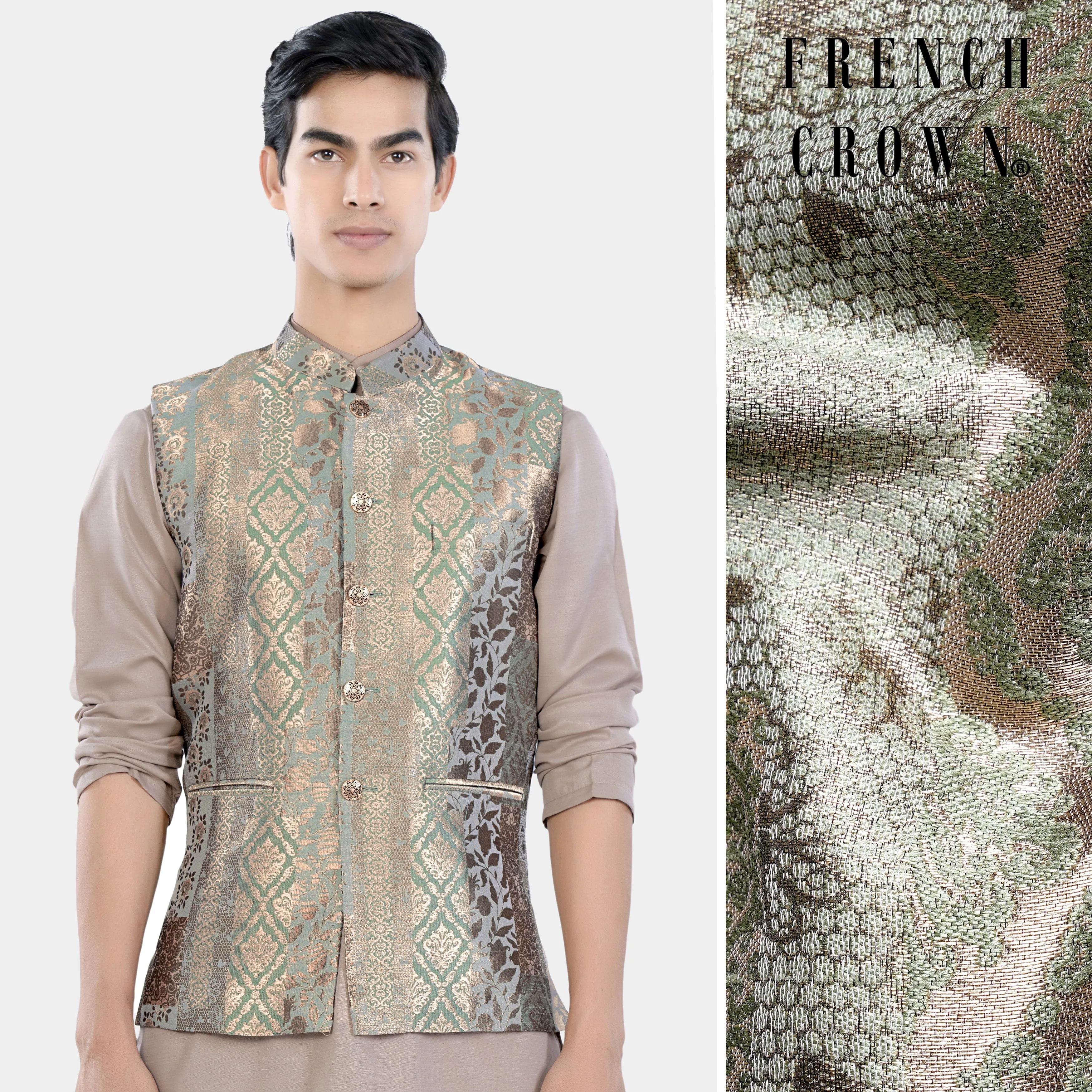 Envy Green and Opium Brown Geometric Jacquard Textured Designer Nehru Jacket sold by French Crown
